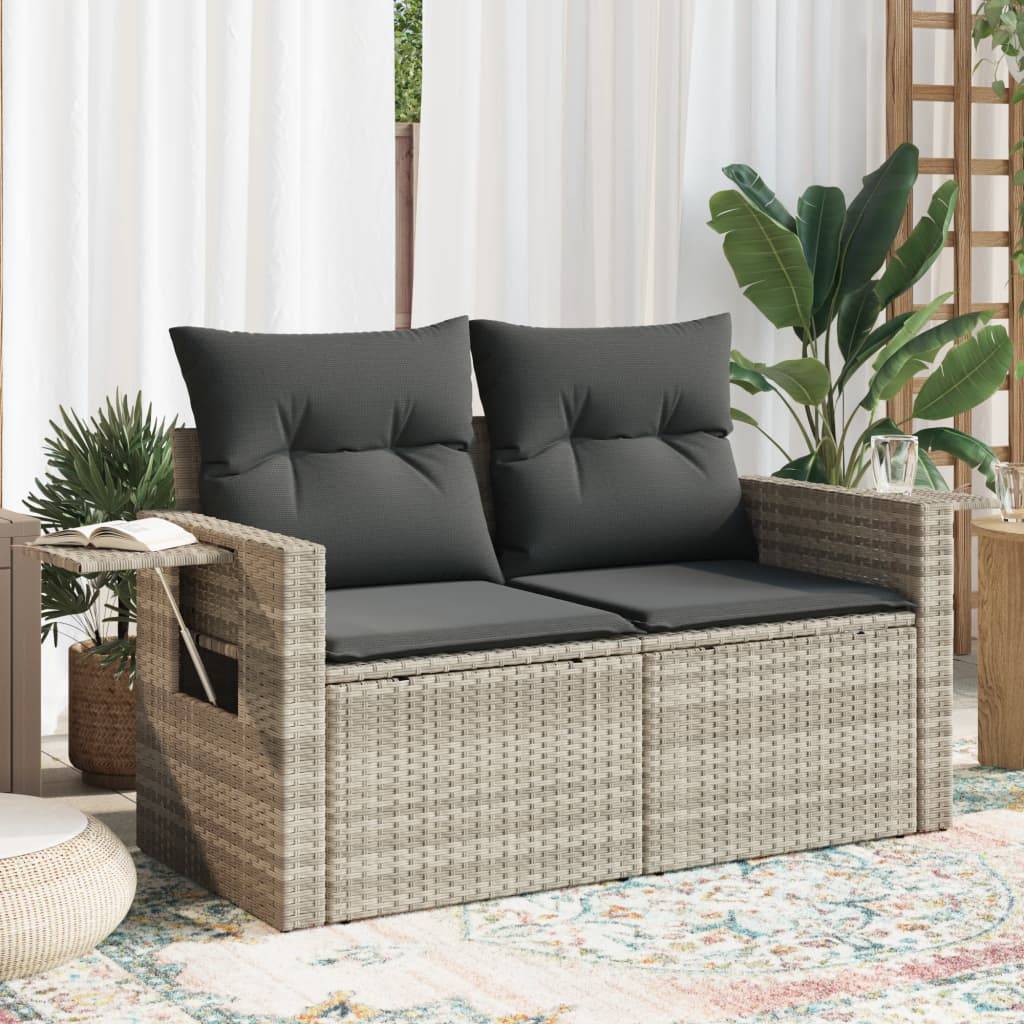 Canapé Extérieur 2 Places Résine Gris Clair Tablette Rabattable Coussins Foncés – ComfortXL Outdoor Living - Image 1