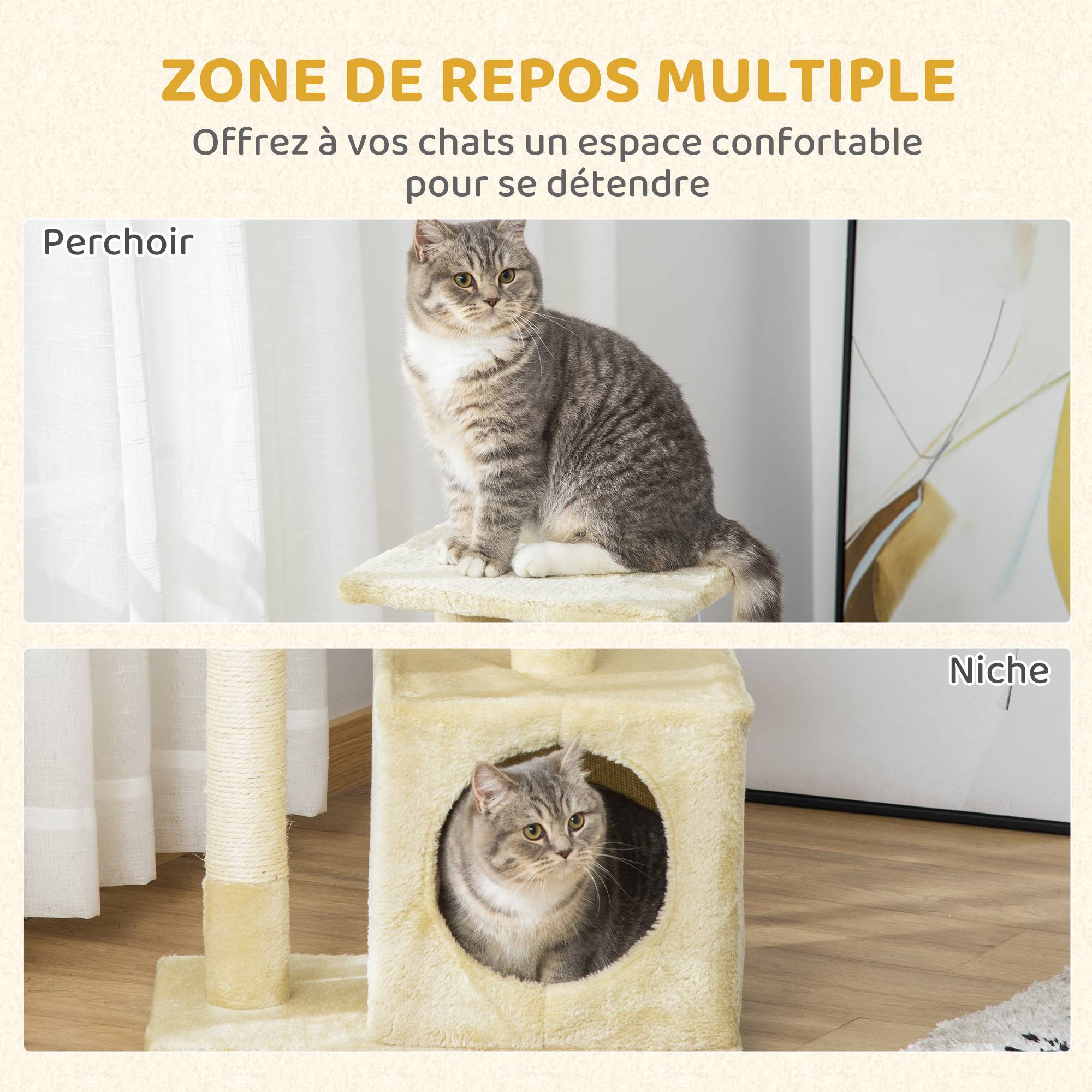Arbre à chat sisal et peluches beige 50 x 30 x 81.5 cm - PANGIVO - Image 8