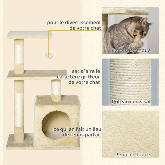 Arbre à chat sisal et peluches beige 50 x 30 x 81.5 cm - PANGIVO - Image 7