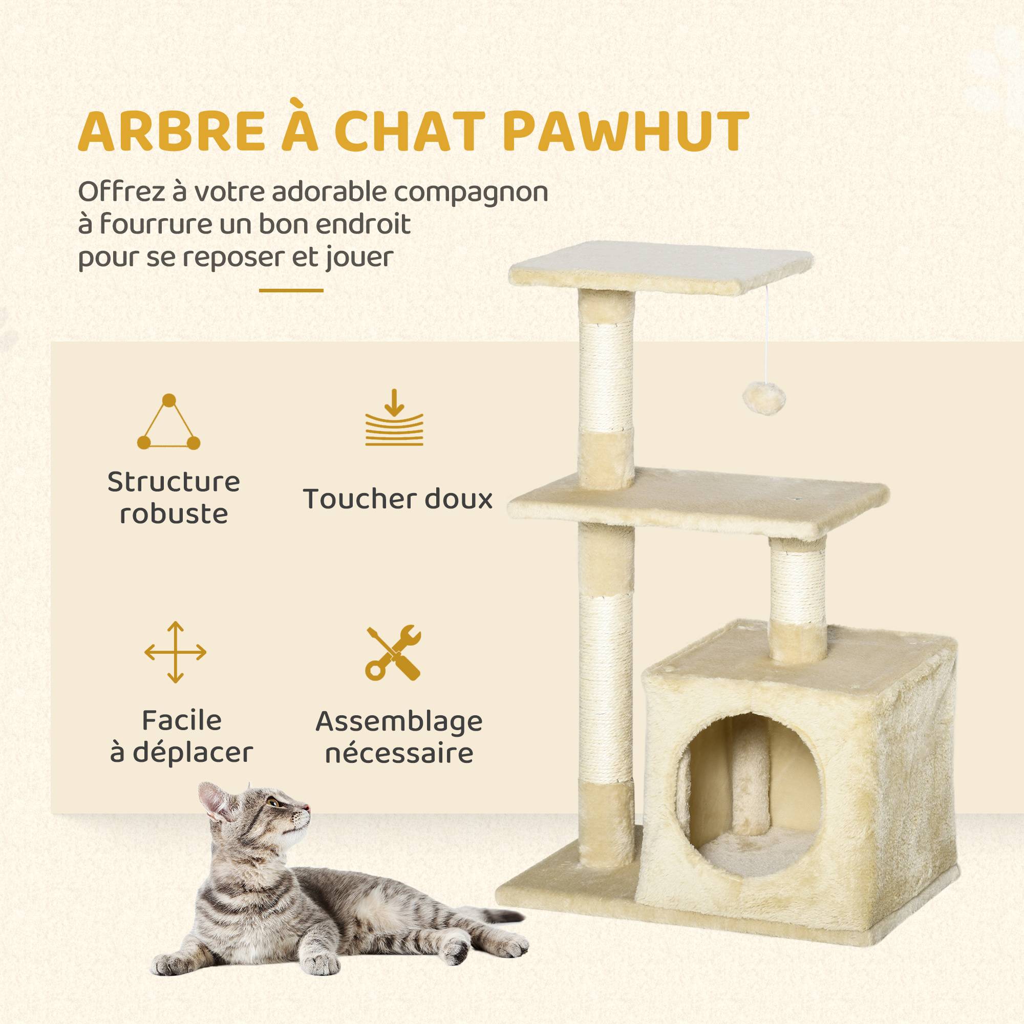 Arbre à chat sisal et peluches beige 50 x 30 x 81.5 cm - PANGIVO - Image 6