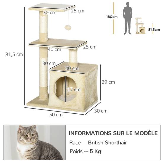 Arbre à chat sisal et peluches beige 50 x 30 x 81.5 cm - PANGIVO - Image 5