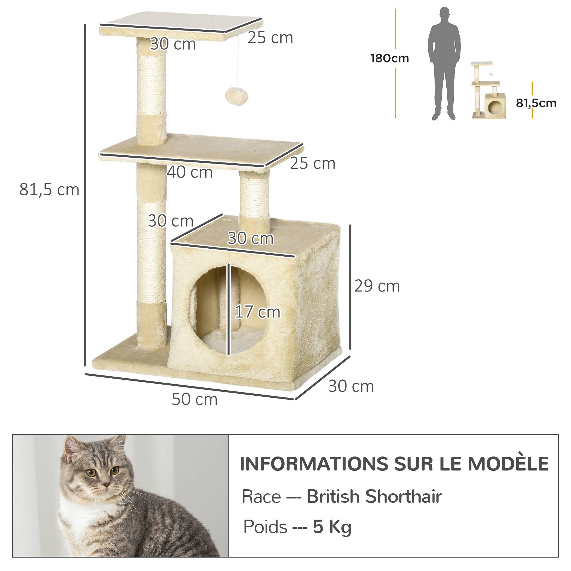 Arbre à chat sisal et peluches beige 50 x 30 x 81.5 cm - PANGIVO - Image 5