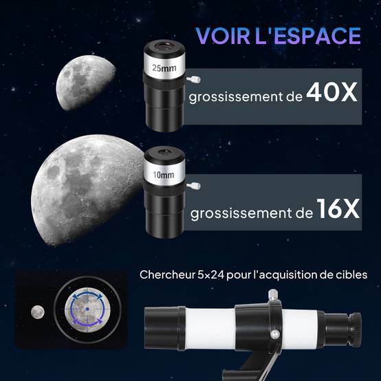 Télescope astronomique adultes et débutants 70 mm, télescope réfracteur 40X/16X trépied réglable, 80 x 80 x 135 cm blanc - Image 7