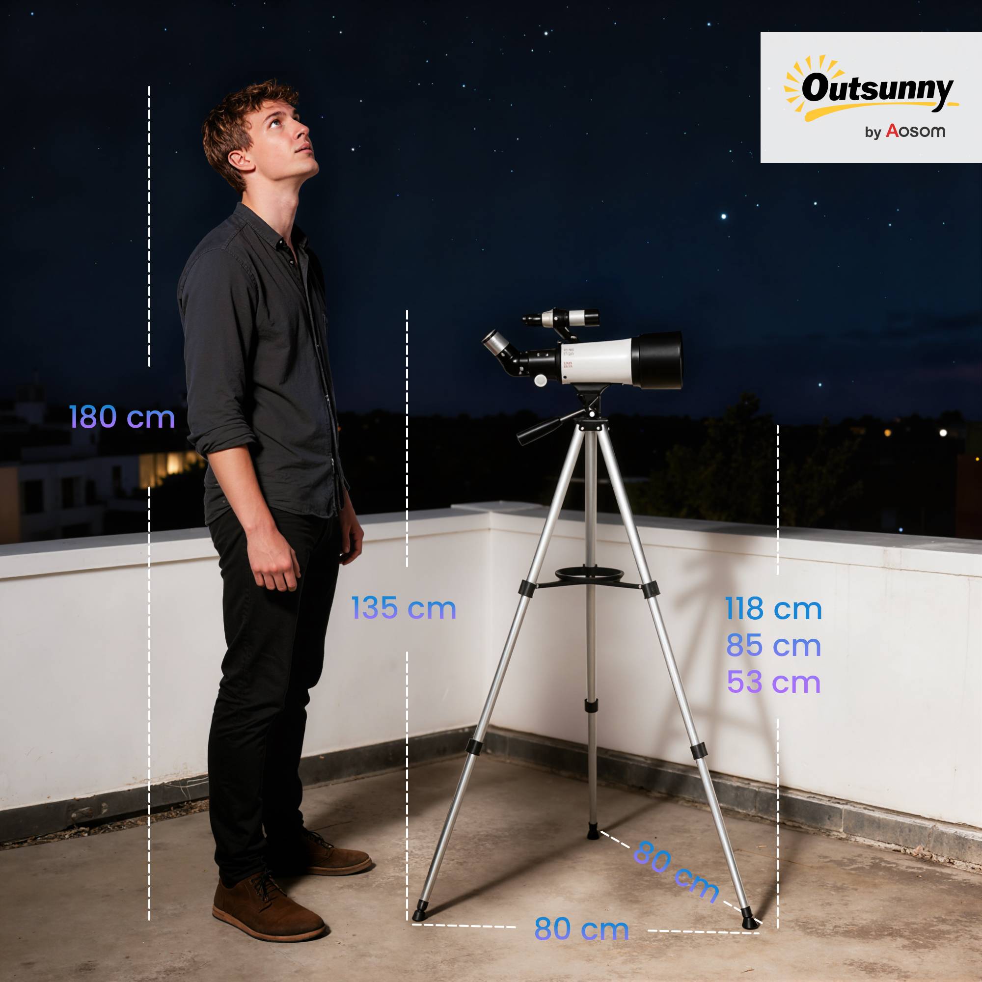 Télescope astronomique adultes et débutants 70 mm, télescope réfracteur 40X/16X trépied réglable, 80 x 80 x 135 cm blanc - Image 5