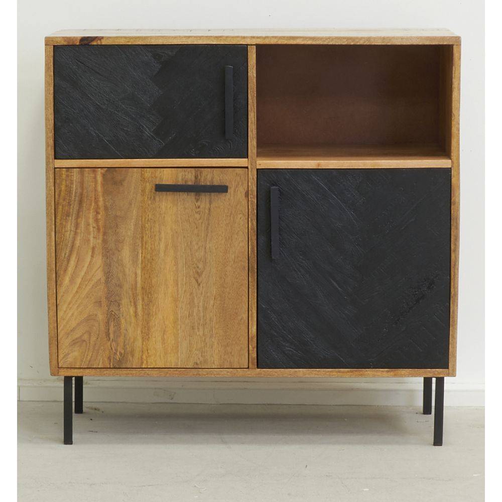 Aubry Gaspard - Commode en manguier naturel et teinté noir Damier 3 portes + 1 niche de rangement - Imagen 3