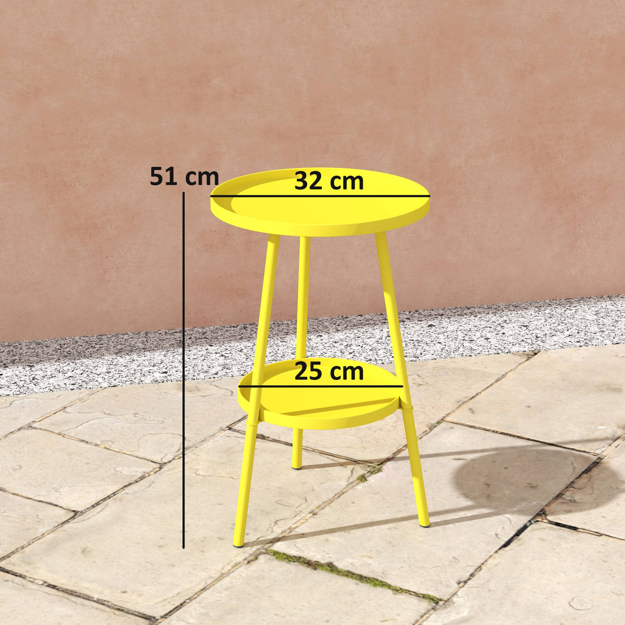 Sans Marque - Petite table d'appoint ronde à 2 niveaux table de jardin pour terrasse salon balcon en métal Ø 32 x 51 cm jaune - Image 5