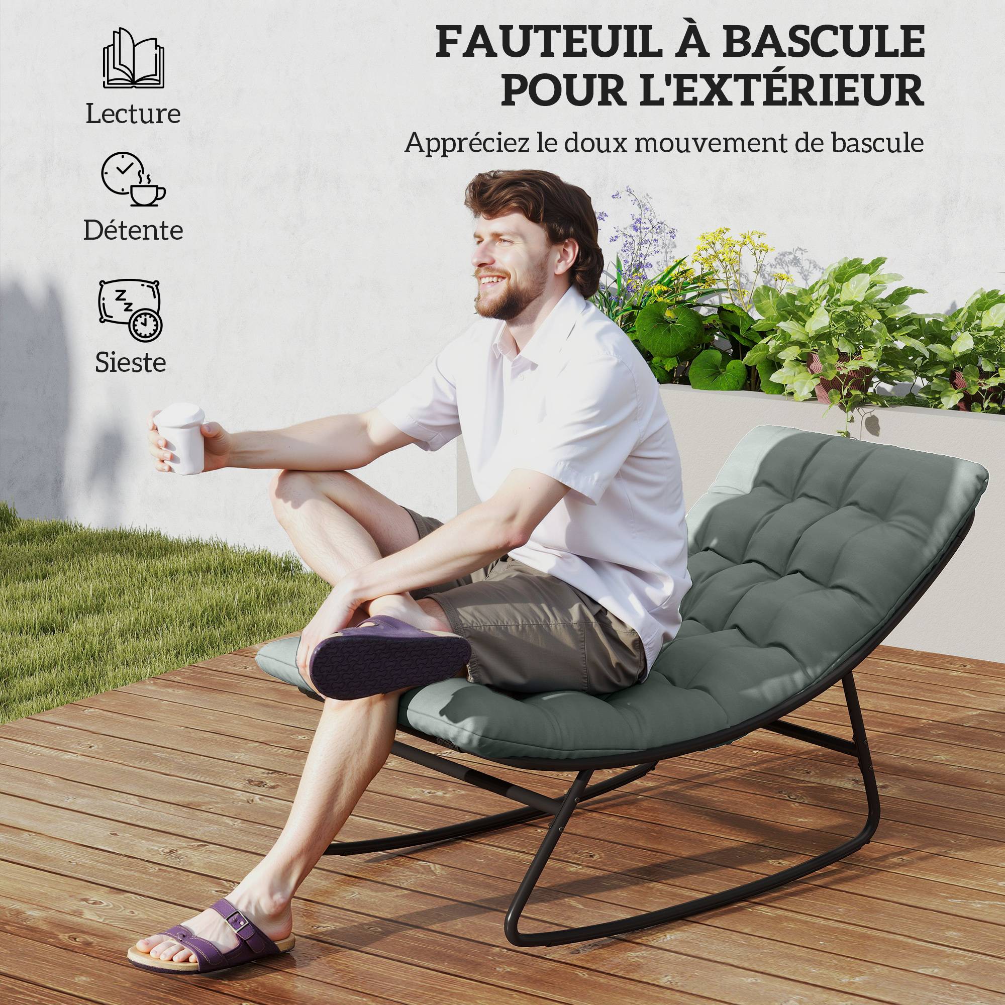 Lot de 2 fauteuils à bascule extérieur avec coussins épais, siège tissu textilène respirant et cadre en acier, gris - Image 6