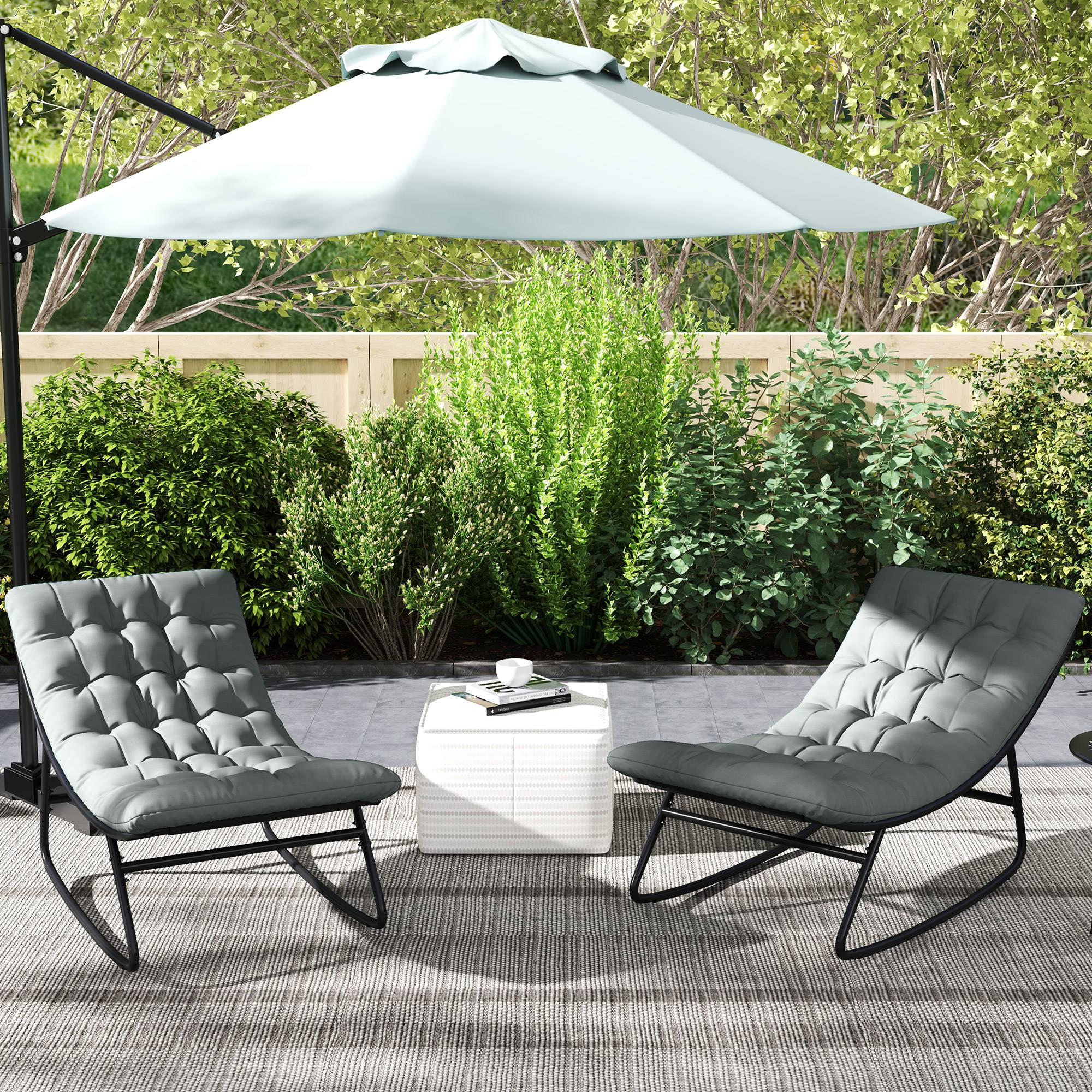 Lot de 2 fauteuils à bascule extérieur avec coussins épais, siège tissu textilène respirant et cadre en acier, gris - Image 4
