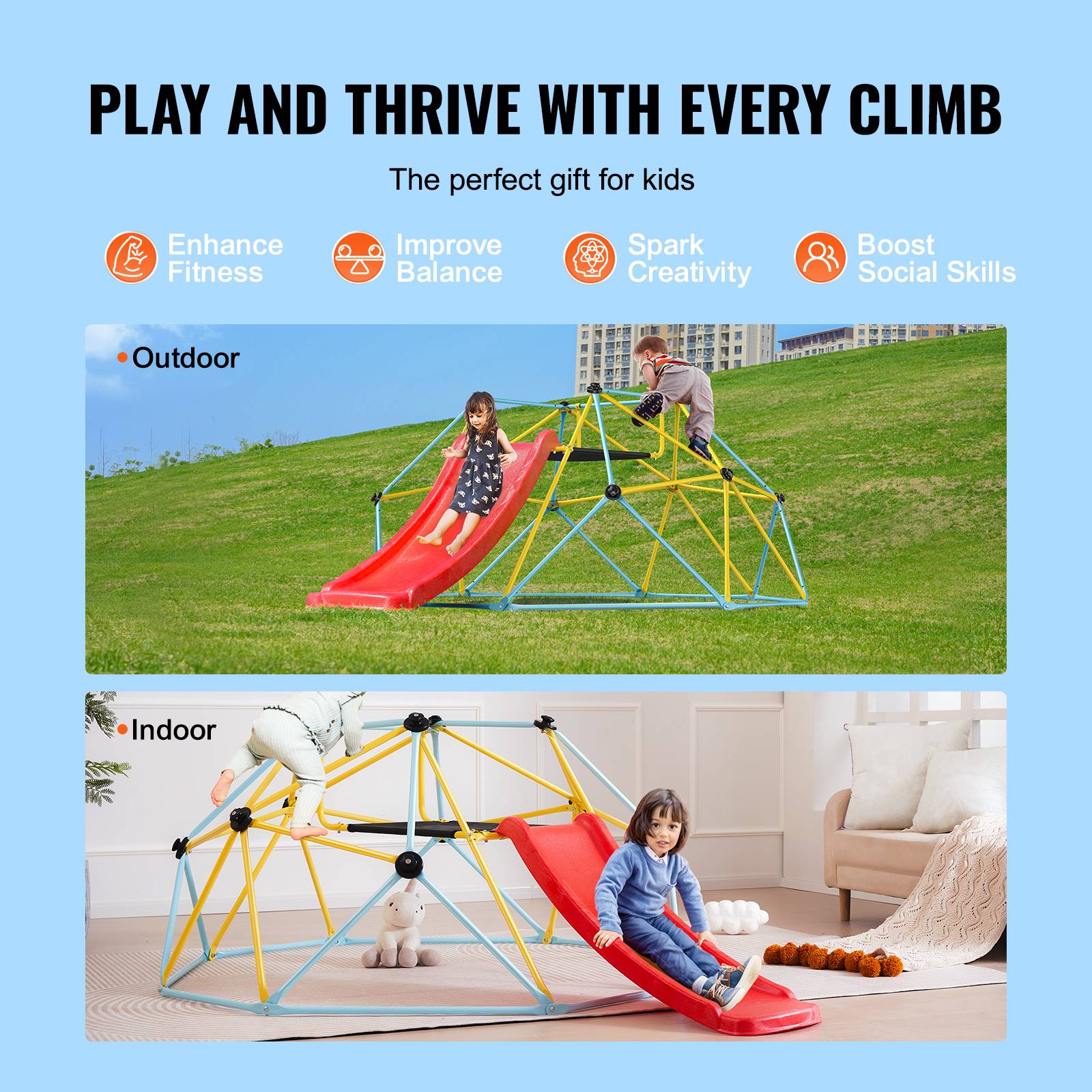 Dôme d'Escalade Géométrique pour Enfants 3-10 Ans, Cage d'Escalade 305 cm, Supporte 340 kg, avec Poignée d'Escalade, Assemblage Facile, Aire de Jeux Extérieure et Intérieure, Arrière-cour | FR