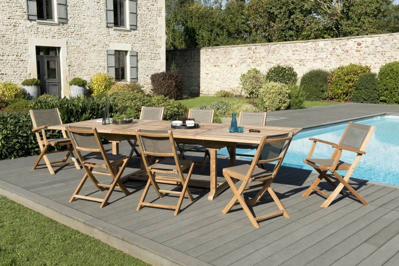 Macabane - FUN - Ensemble de jardin table bois teck 6 chaises / 2 fauteuils gris - Imagen 2