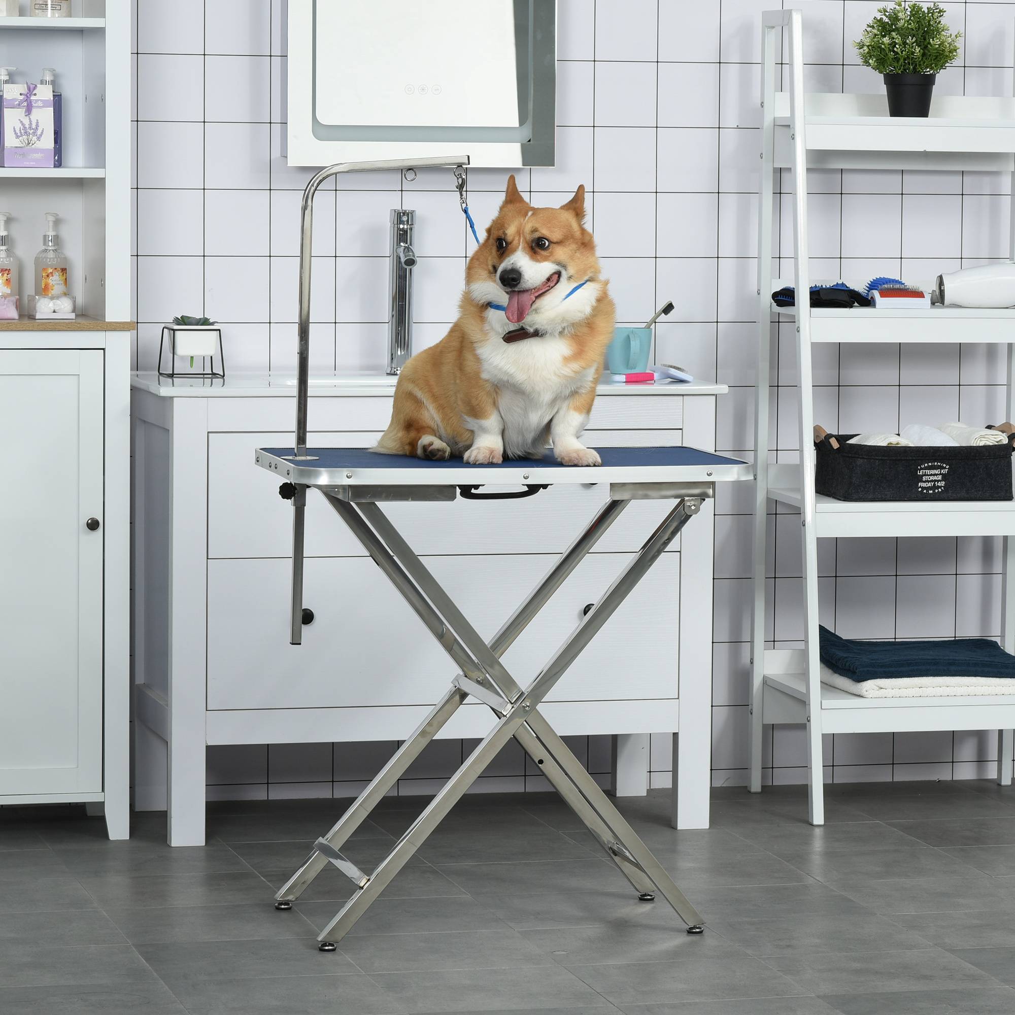 Sans Marque - Table de toilettage pour animaux avec plateau antidérapant, pieds pliables, poignée et accoudoir, 72 x 45 x 74-81 cm, bleue - Image 3