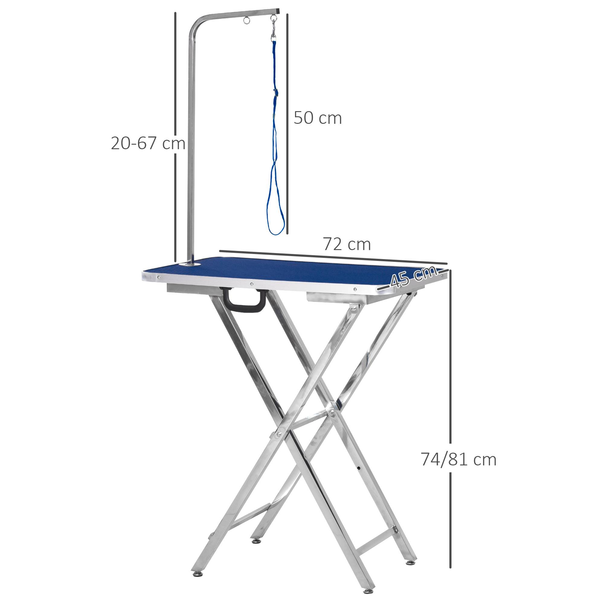 Sans Marque - Table de toilettage pour animaux avec plateau antidérapant, pieds pliables, poignée et accoudoir, 72 x 45 x 74-81 cm, bleue - Image 5