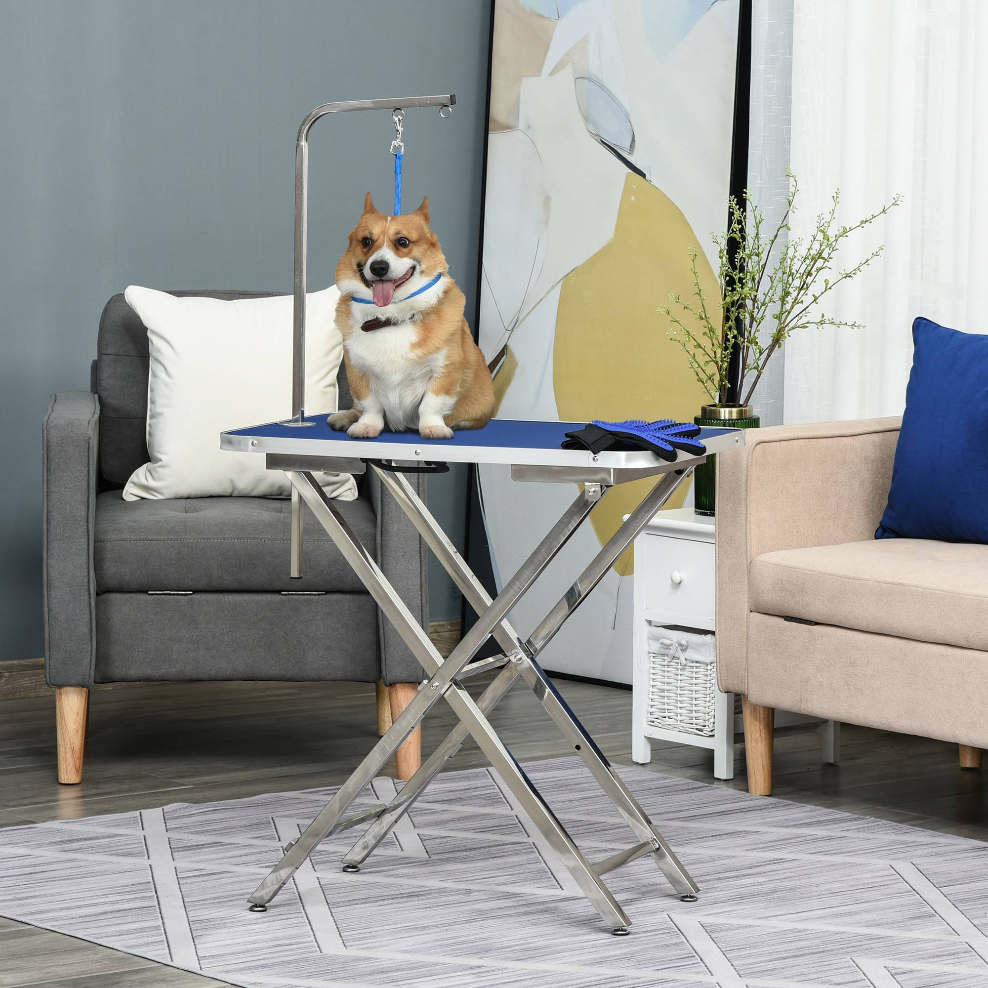 Sans Marque - Table de toilettage pour animaux avec plateau antidérapant, pieds pliables, poignée et accoudoir, 72 x 45 x 74-81 cm, bleue - Image 4