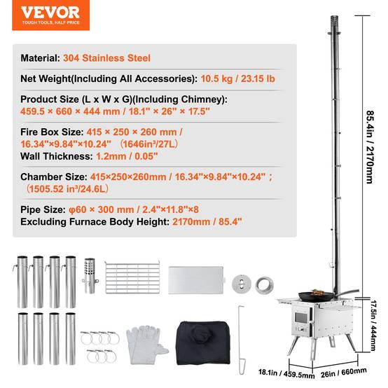 VEVOR Poêle à bois portable 86 pouces inox, 8 tuyaux, gants, pour tente camping 1646 po³, cuisine/chauffage plein air. - Image 7