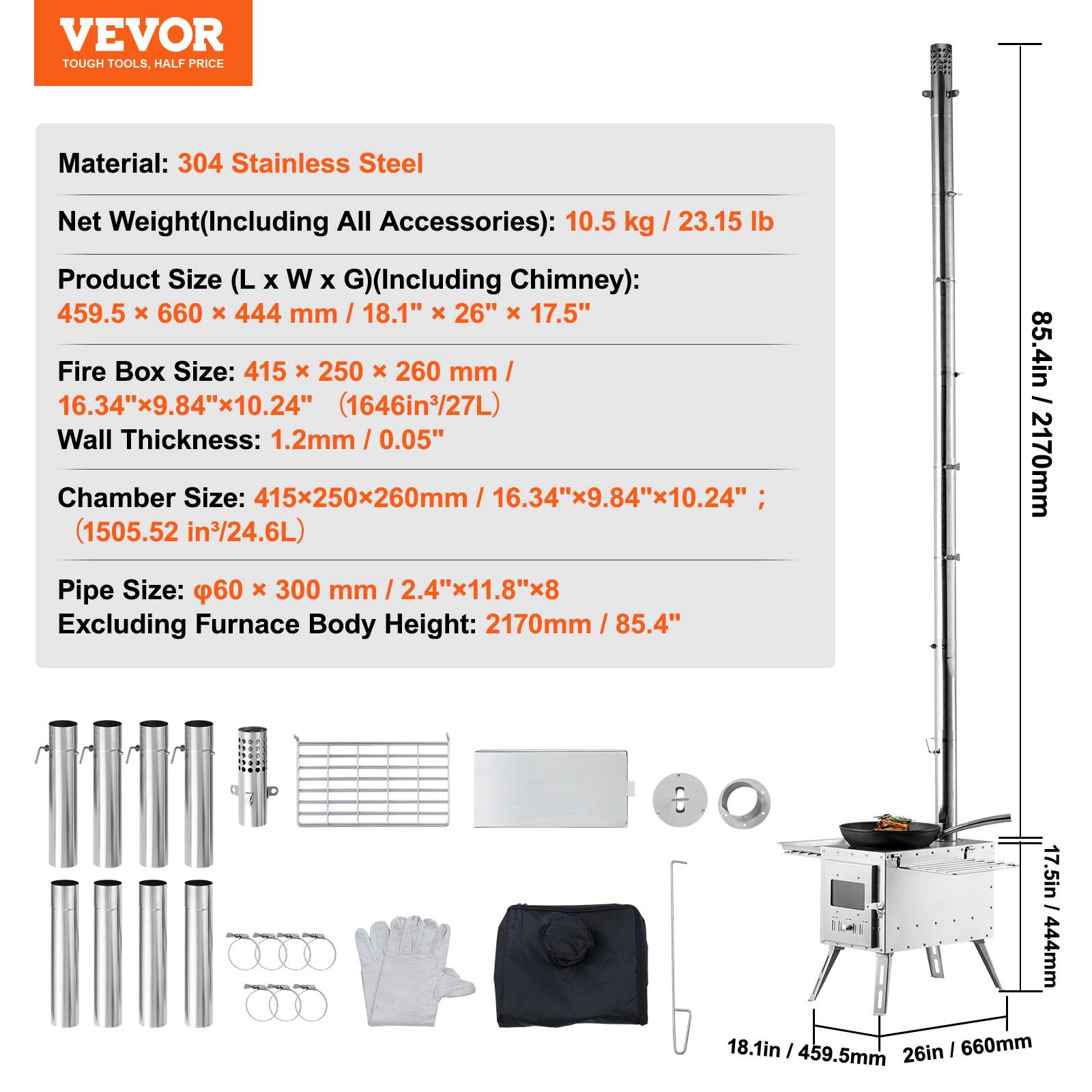 VEVOR Poêle à bois portable 86 pouces inox, 8 tuyaux, gants, pour tente camping 1646 po³, cuisine/chauffage plein air. - Image 7