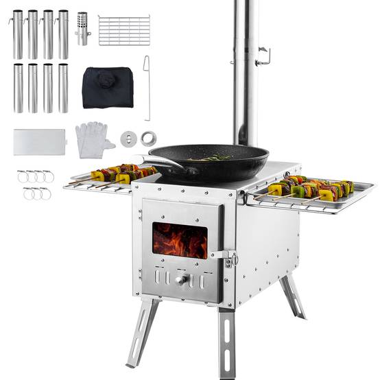 VEVOR Poêle à bois portable 86 pouces inox, 8 tuyaux, gants, pour tente camping 1646 po³, cuisine/chauffage plein air. - Image 1