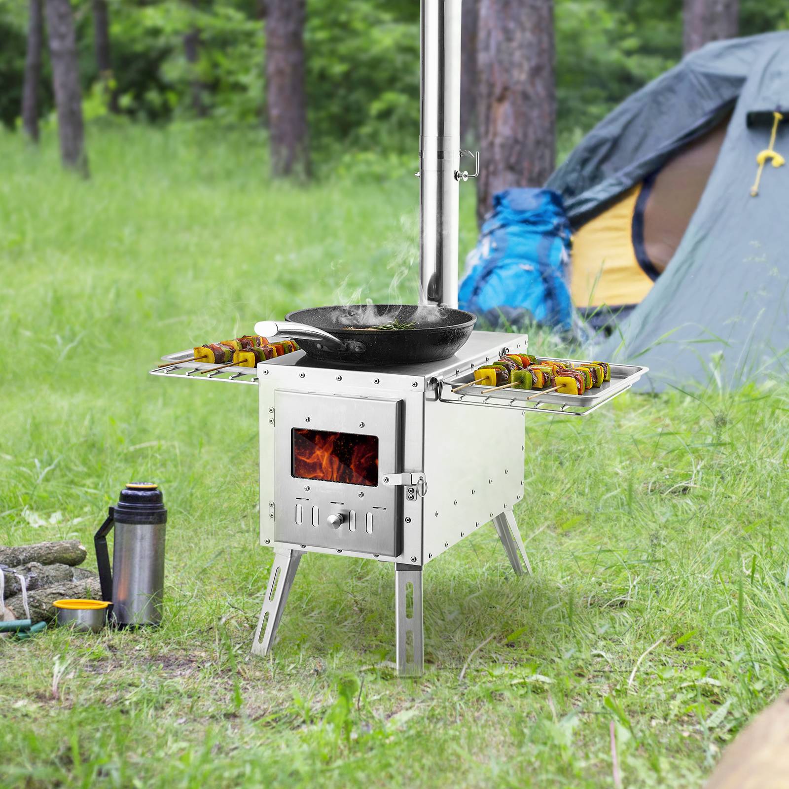 VEVOR Poêle à bois portable 86 pouces inox, 8 tuyaux, gants, pour tente camping 1646 po³, cuisine/chauffage plein air. - Image 8