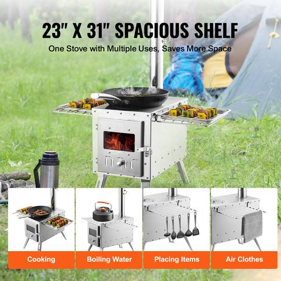VEVOR Poêle à bois portable 86 pouces inox, 8 tuyaux, gants, pour tente camping 1646 po³, cuisine/chauffage plein air. - Image 3