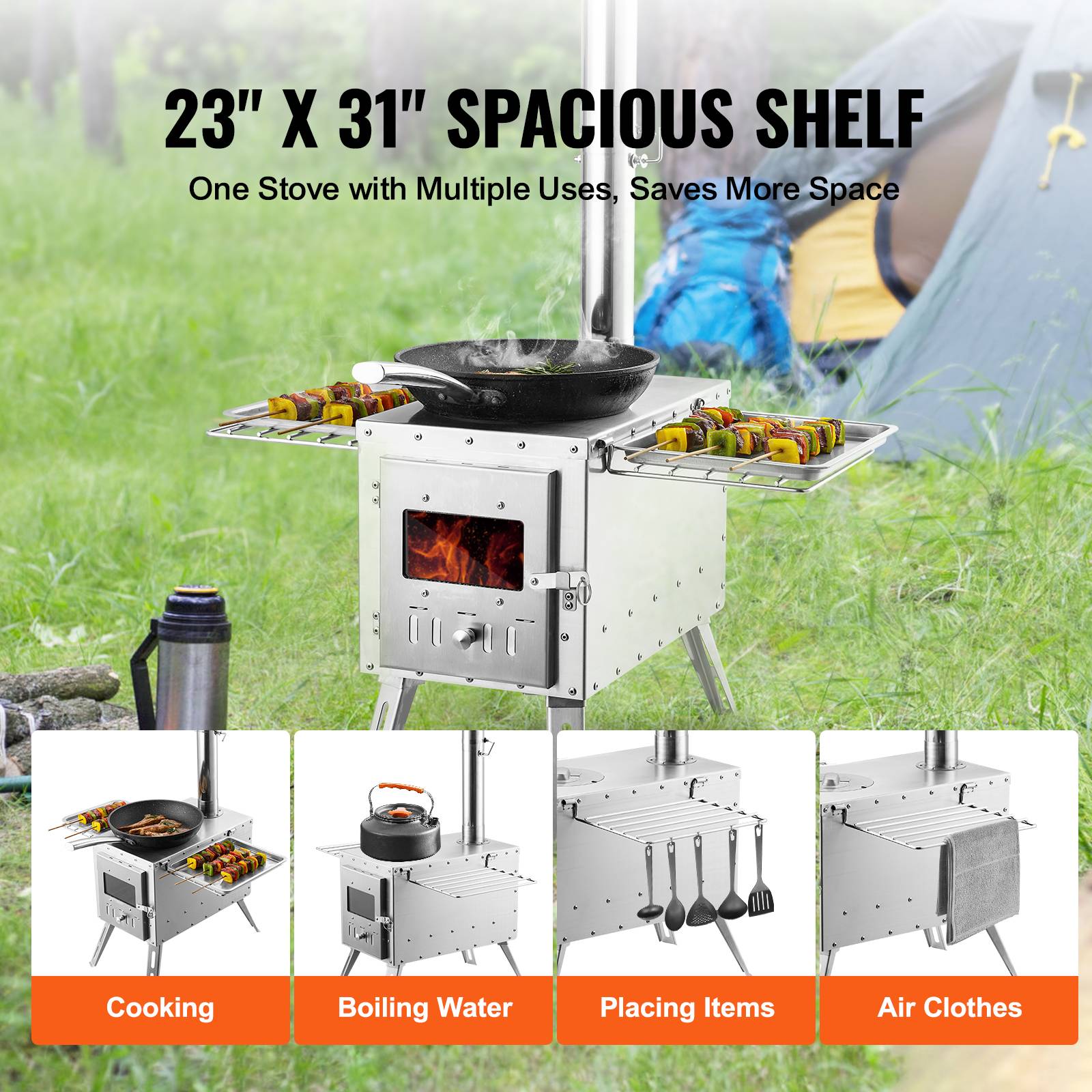 VEVOR Poêle à bois portable 86 pouces inox, 8 tuyaux, gants, pour tente camping 1646 po³, cuisine/chauffage plein air. - Image 3