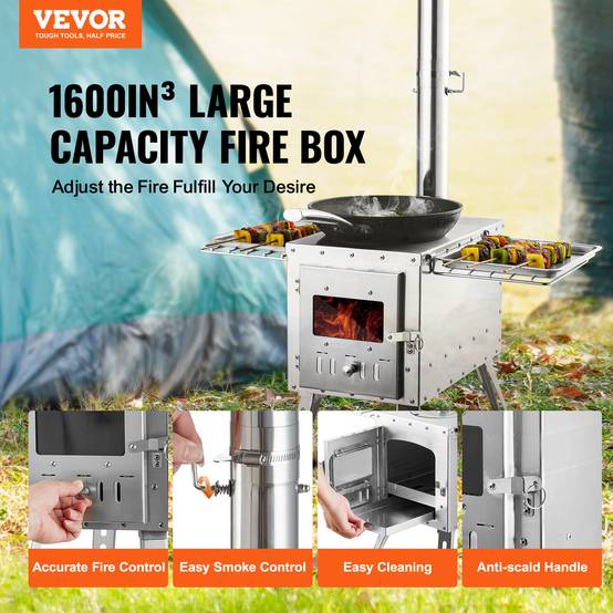 VEVOR Poêle à bois portable 86 pouces inox, 8 tuyaux, gants, pour tente camping 1646 po³, cuisine/chauffage plein air. - Image 2