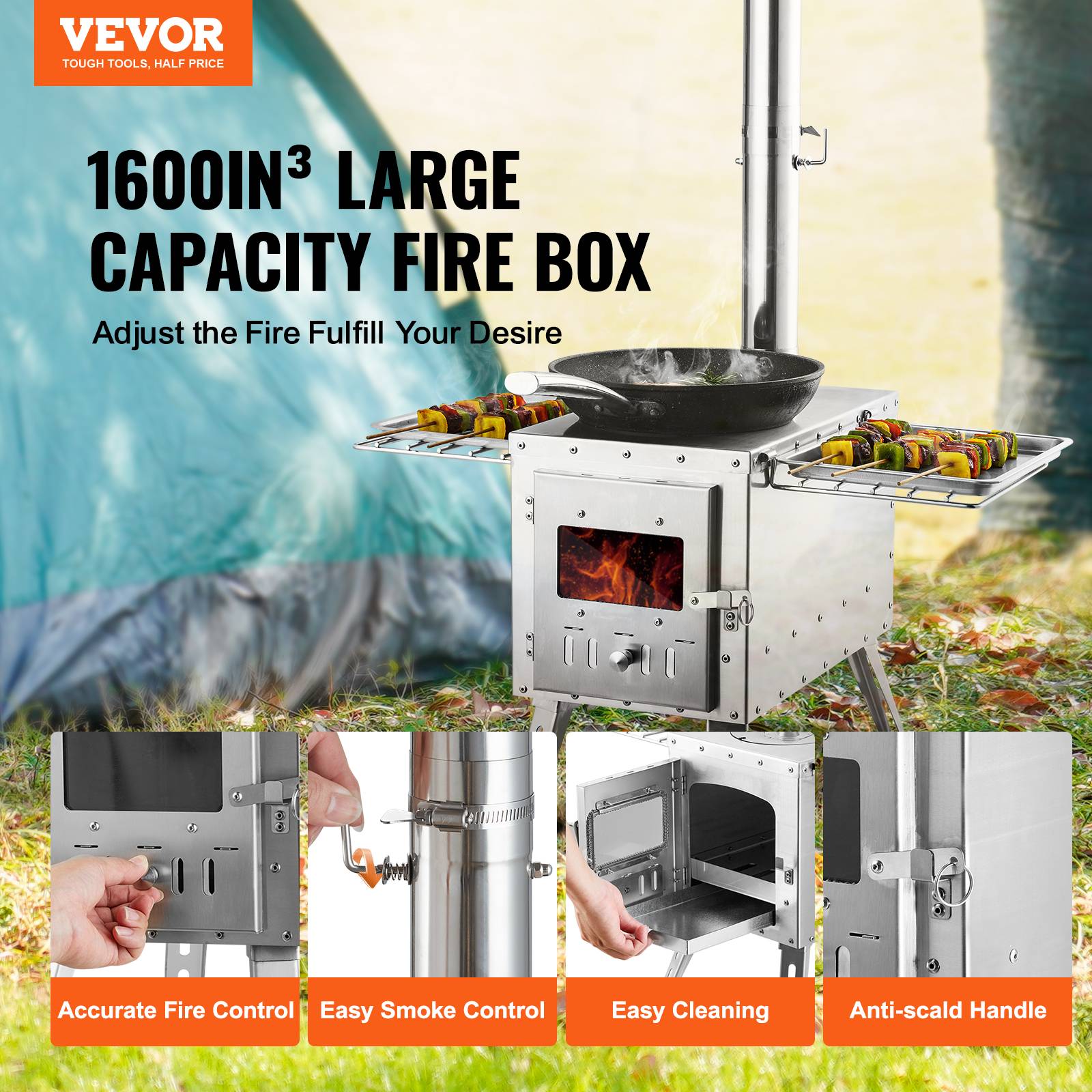 VEVOR Poêle à bois portable 86 pouces inox, 8 tuyaux, gants, pour tente camping 1646 po³, cuisine/chauffage plein air. - Image 2