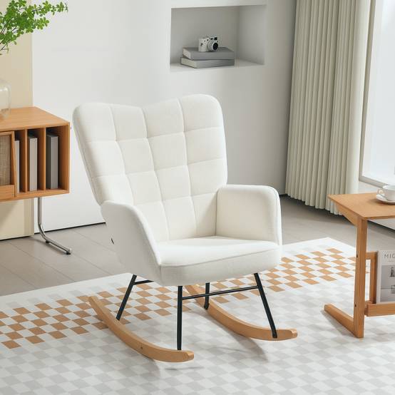 Fauteuil à bascule rocking chair revêtement effet laine bouclée, structure en acier 71 x 98 x 101 cm blanc - Image 9