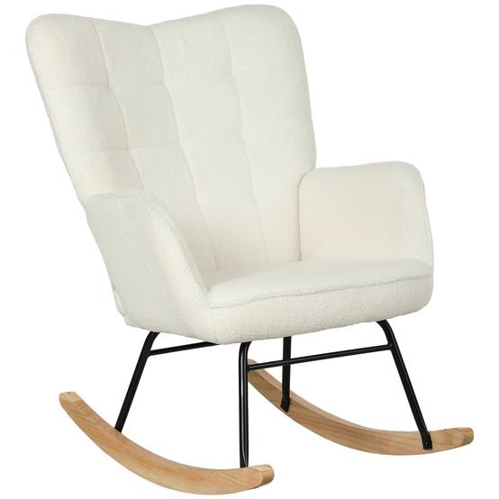 Fauteuil à bascule rocking chair revêtement effet laine bouclée, structure en acier 71 x 98 x 101 cm blanc - Image 2