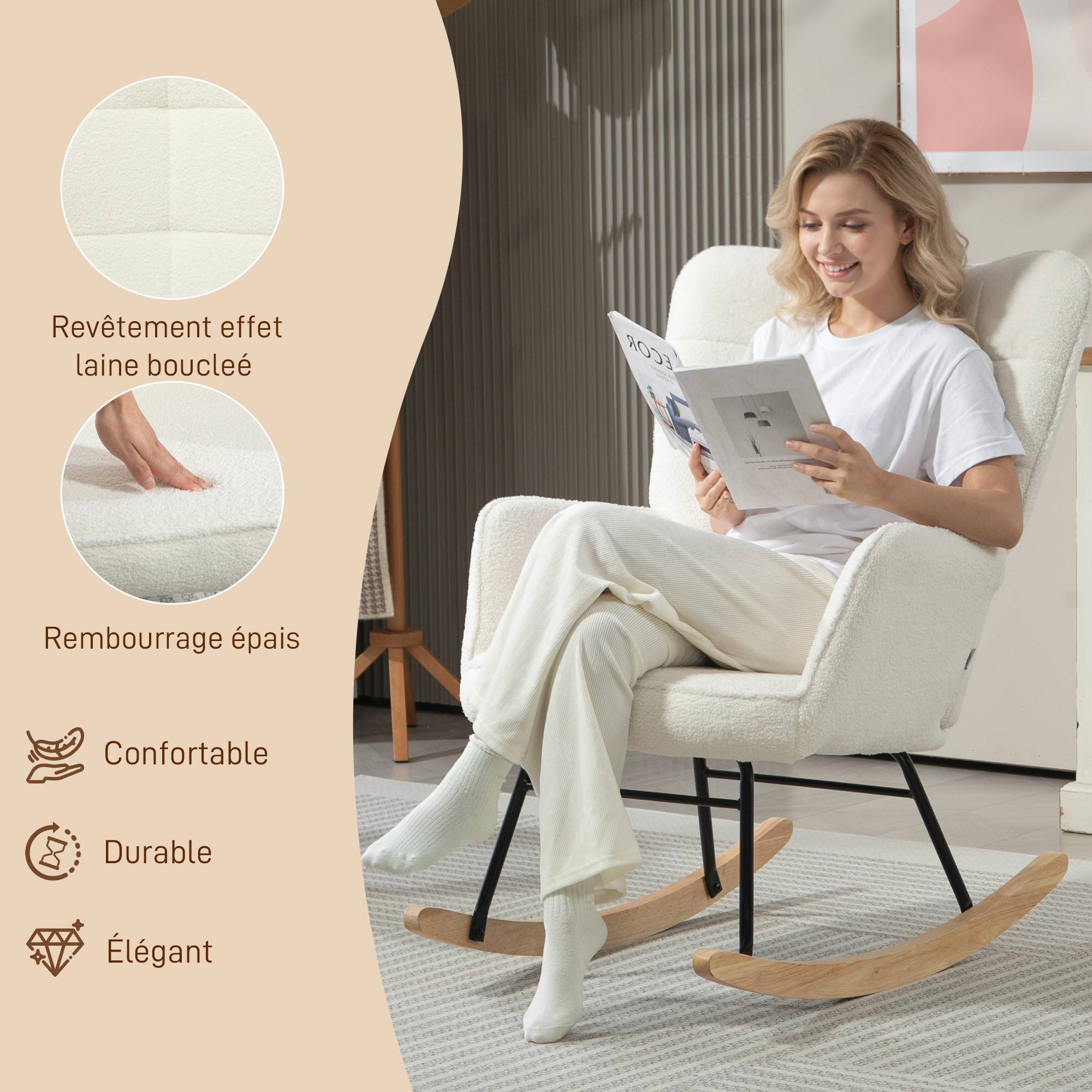Fauteuil à bascule rocking chair revêtement effet laine bouclée, structure en acier 71 x 98 x 101 cm blanc - Image 7