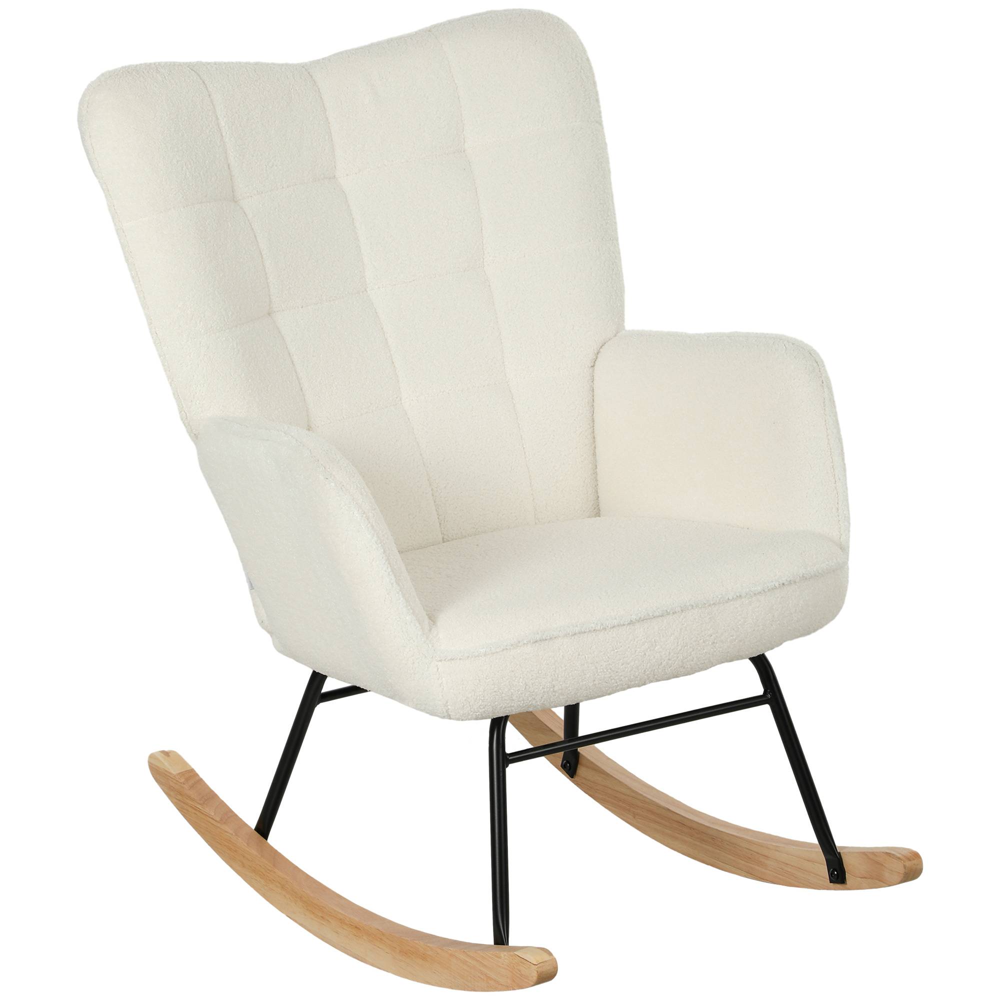 Fauteuil à bascule rocking chair revêtement effet laine bouclée, structure en acier 71 x 98 x 101 cm blanc - Image 1