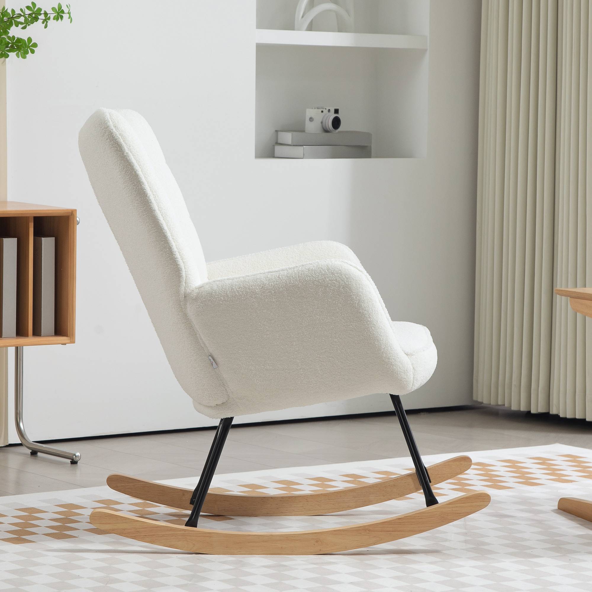 Fauteuil à bascule rocking chair revêtement effet laine bouclée, structure en acier 71 x 98 x 101 cm blanc - Image 10