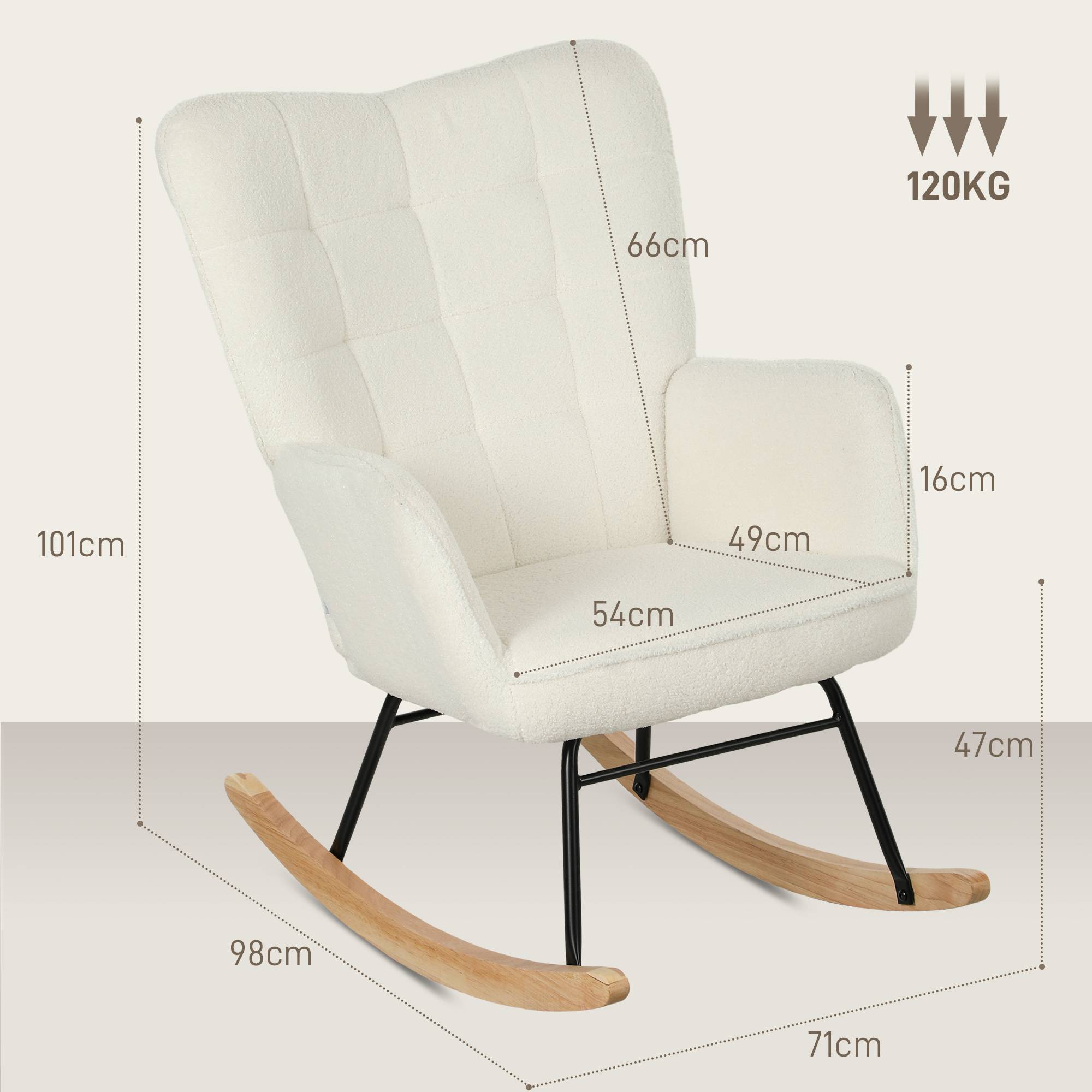 Fauteuil à bascule rocking chair revêtement effet laine bouclée, structure en acier 71 x 98 x 101 cm blanc - Image 5