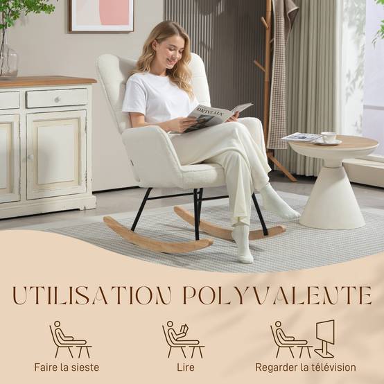 Fauteuil à bascule rocking chair revêtement effet laine bouclée, structure en acier 71 x 98 x 101 cm blanc - Image 8