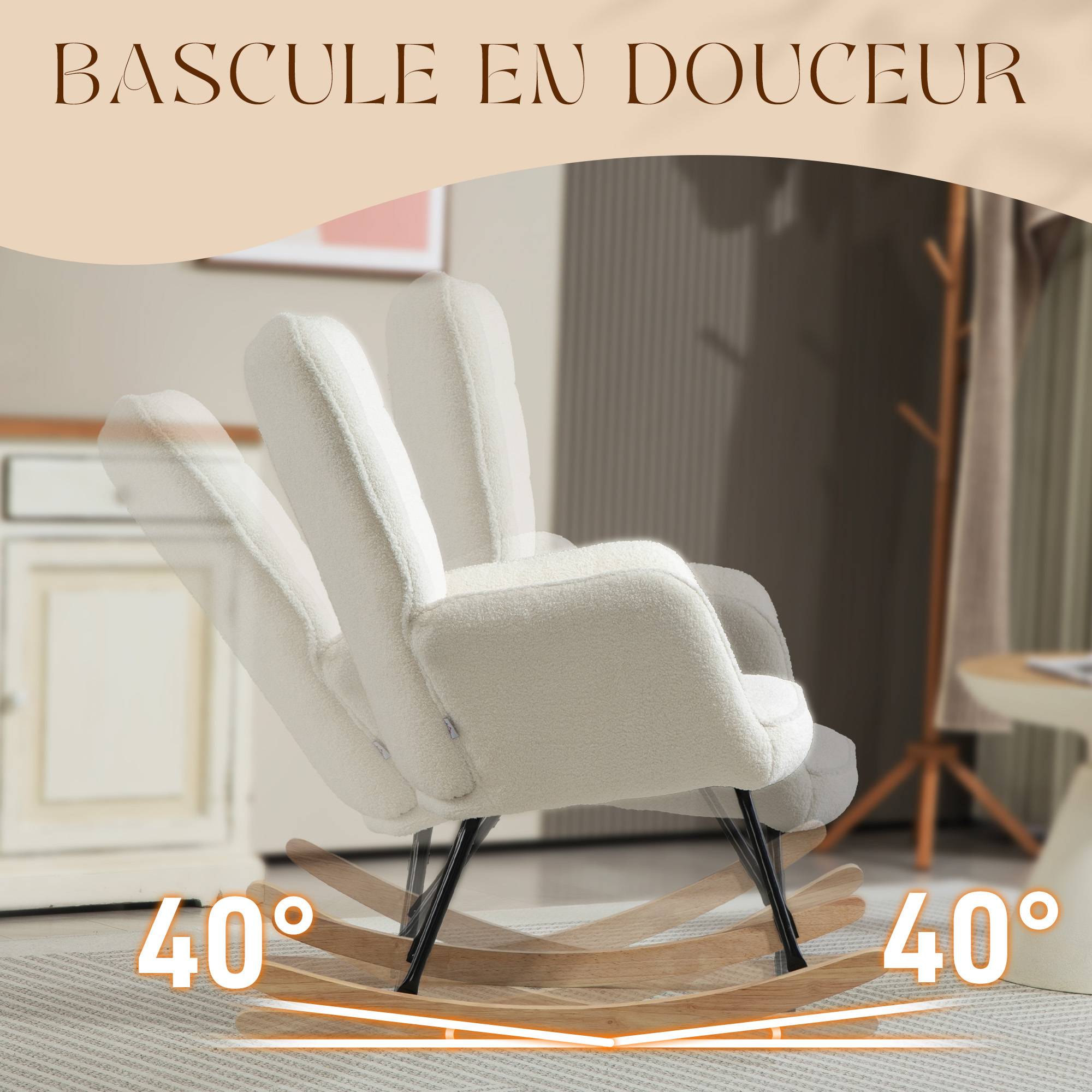 Fauteuil à bascule rocking chair revêtement effet laine bouclée, structure en acier 71 x 98 x 101 cm blanc - Image 6