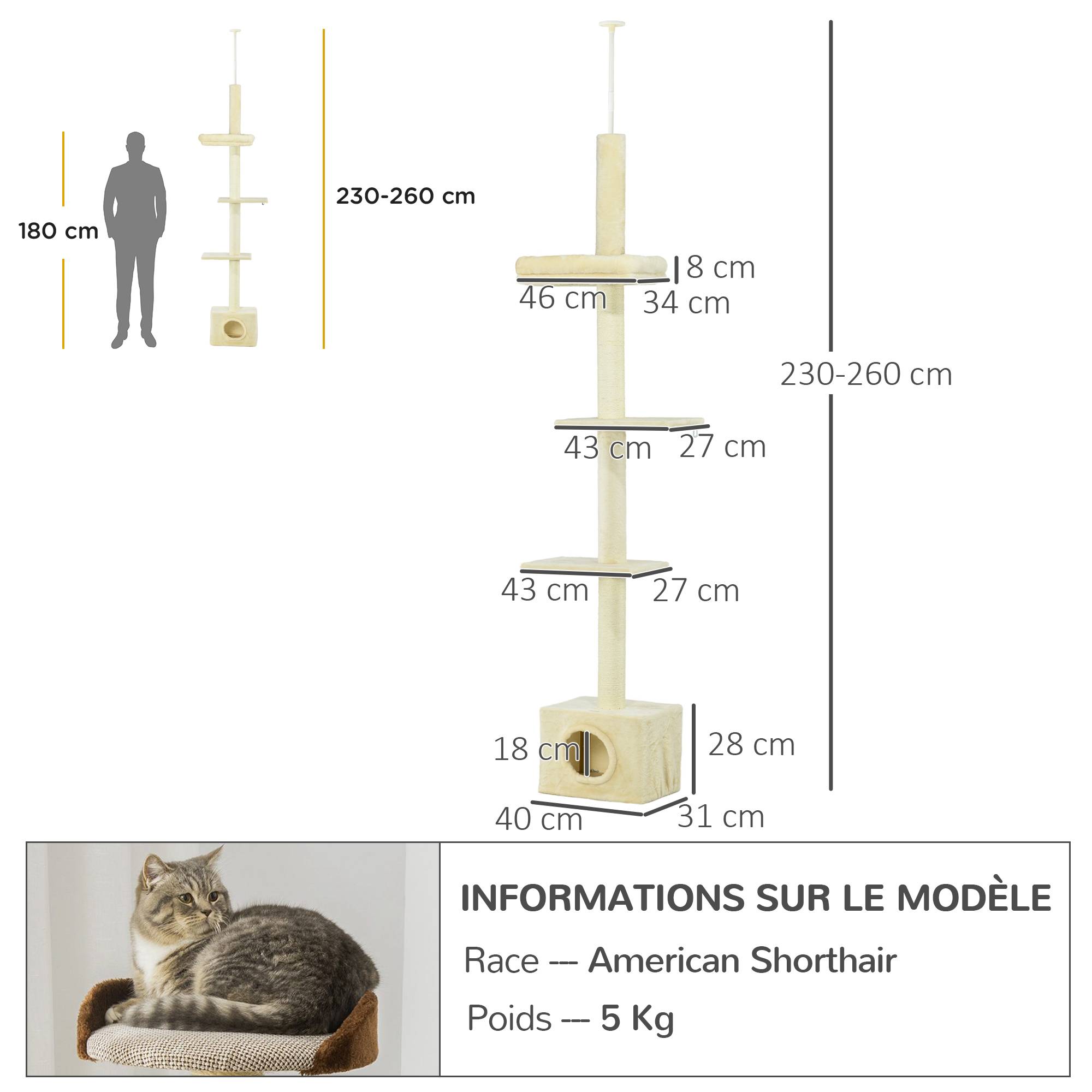 Pawhut - Arbre à chat hauteur réglable 230-260 cm - niche, 3 plateformes - douce peluche courte beige - Imagen 3