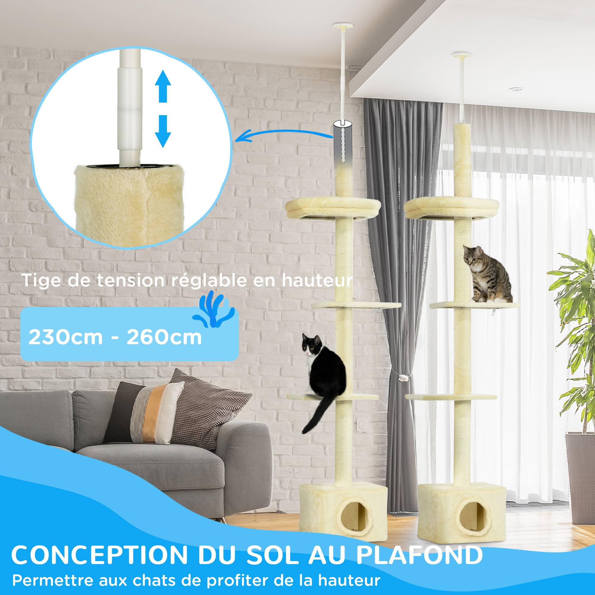 Pawhut - Arbre à chat hauteur réglable 230-260 cm - niche, 3 plateformes - douce peluche courte beige - Imagen 5