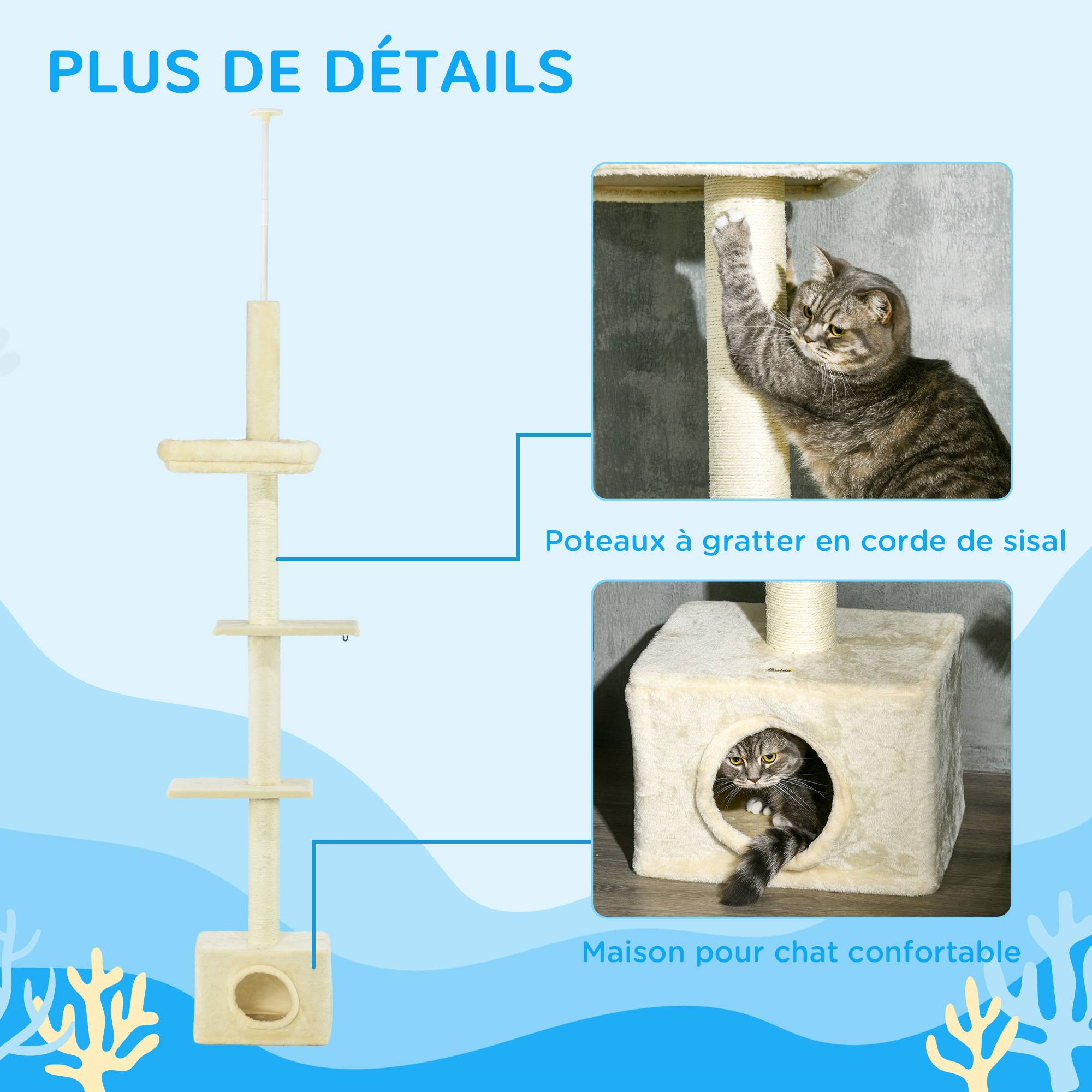 Pawhut - Arbre à chat hauteur réglable 230-260 cm - niche, 3 plateformes - douce peluche courte beige - Imagen 6