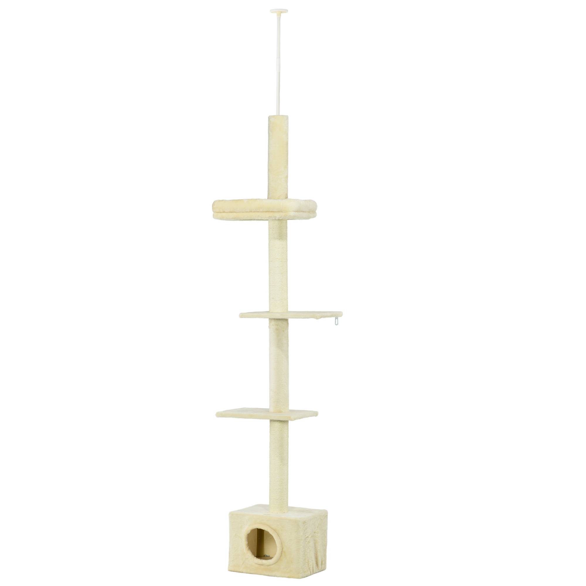 Pawhut - Arbre à chat hauteur réglable 230-260 cm - niche, 3 plateformes - douce peluche courte beige - Imagen 1