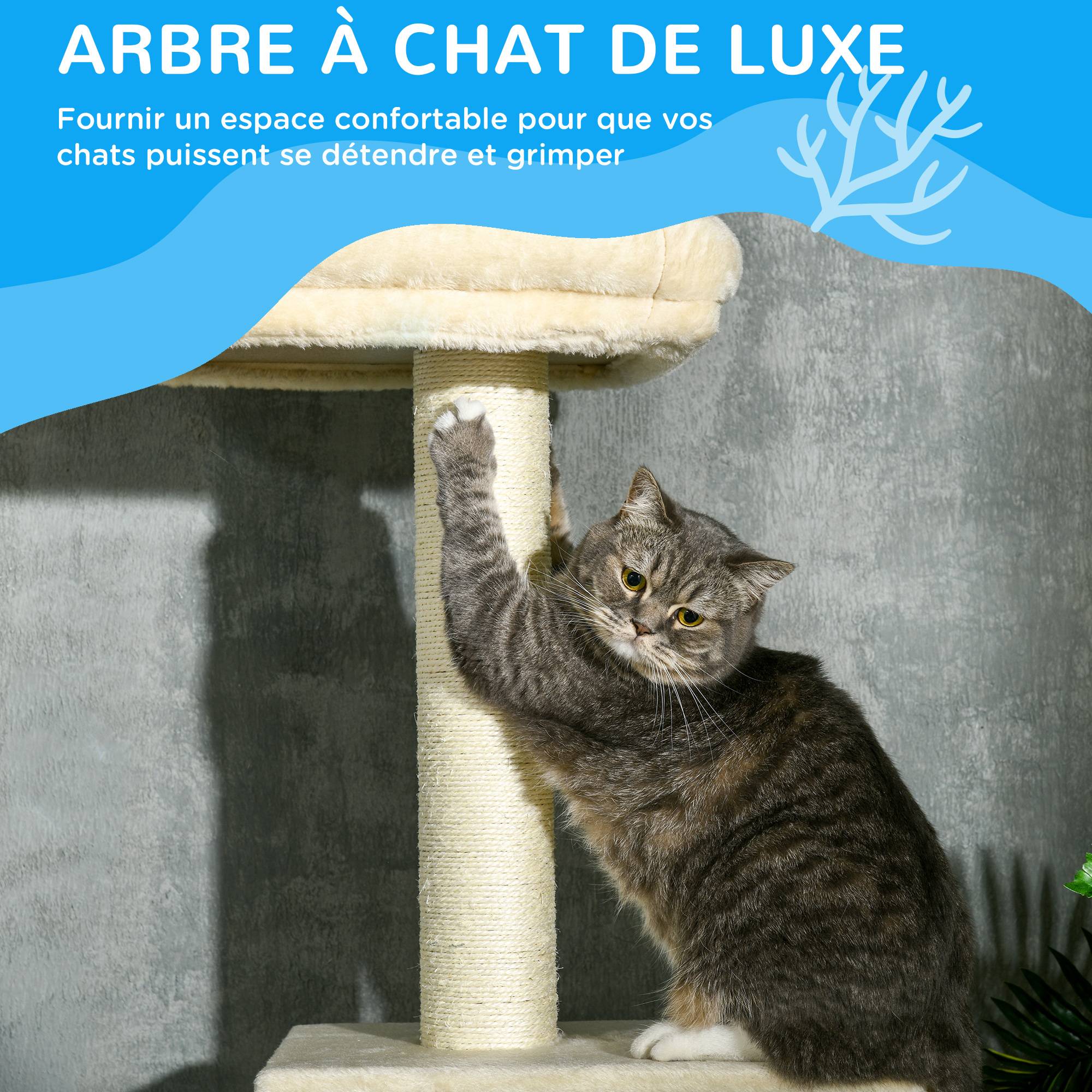 Pawhut - Arbre à chat hauteur réglable 230-260 cm - niche, 3 plateformes - douce peluche courte beige - Imagen 4