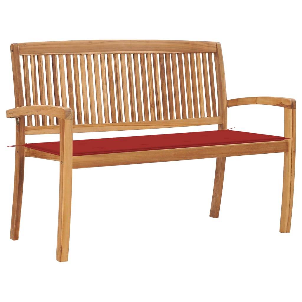 Helloshop26 - Banc de jardin meuble de patio d'extérieur terrasse empilable et coussin rouge 128,5 x 57,5 x 90 cm bois de teck massif - Imagen 1
