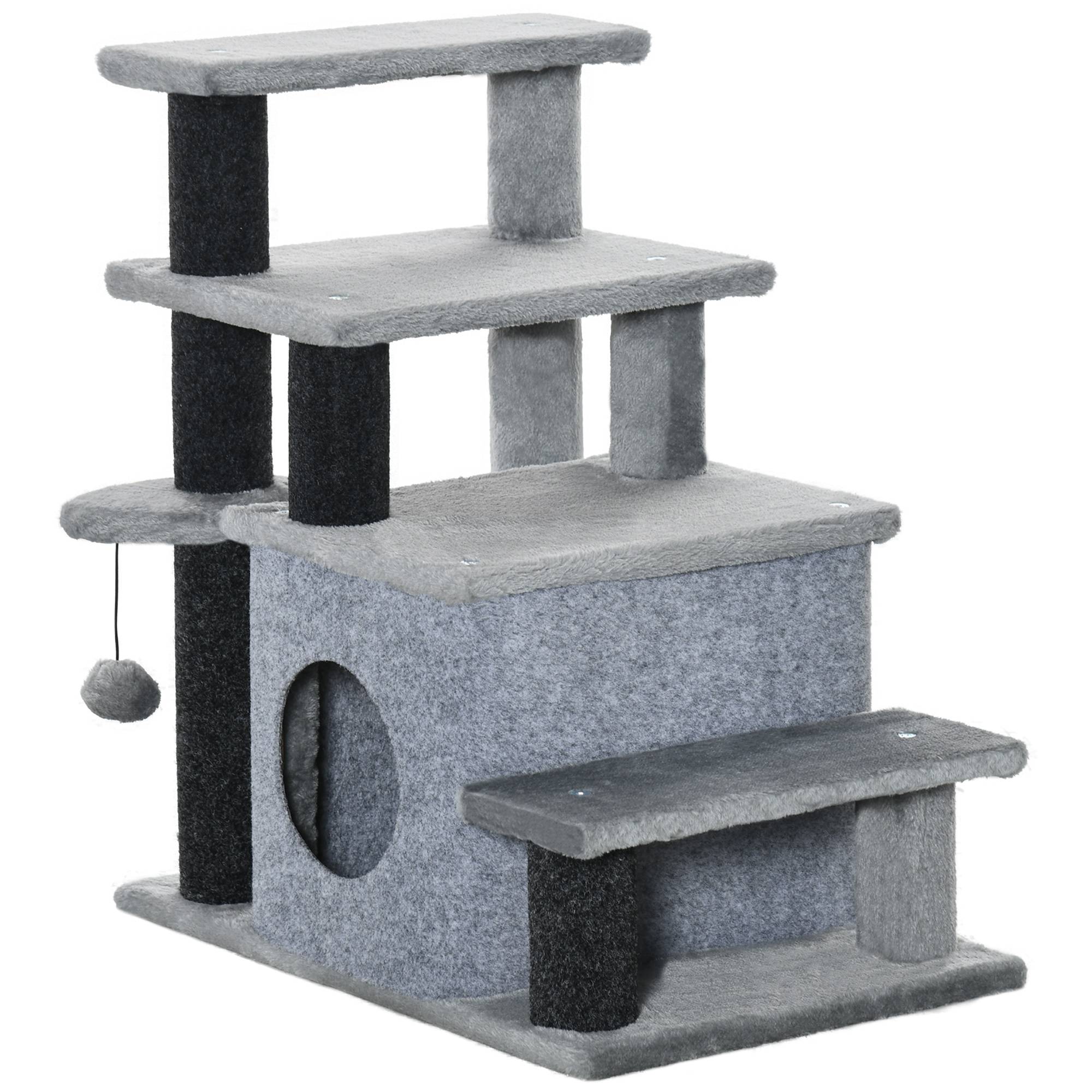 Arbre à chat 4 marches griffoir balle maison réglable 60x40x66 cm noir gris, accès canapé lit, chaton - Image 2