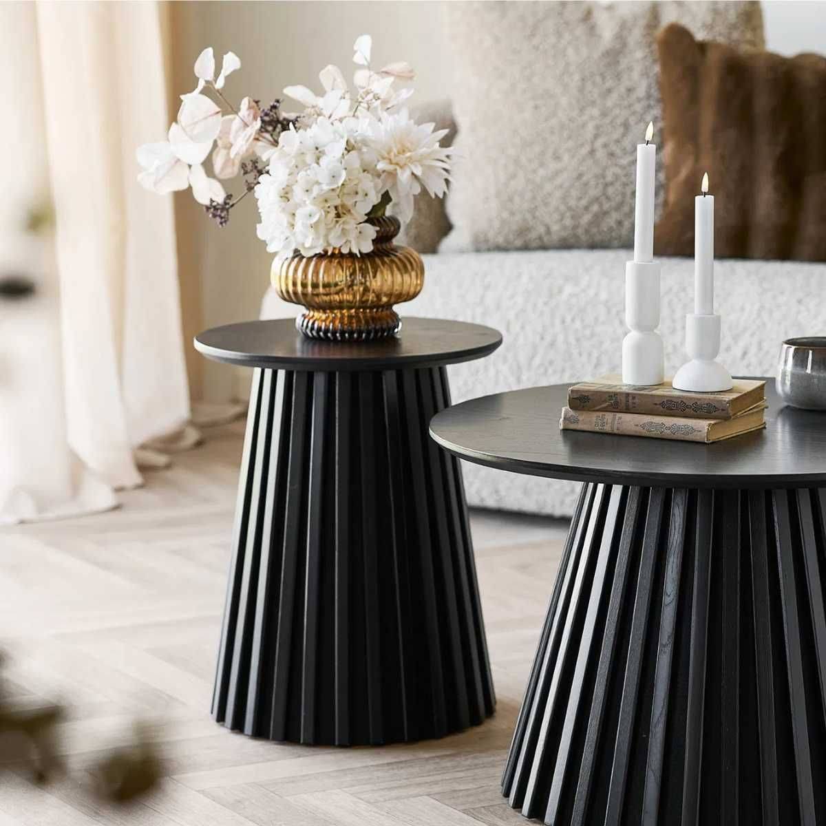 Table d'appoint Ronde Pied Central Relief MDF Placage Chêne noir - DUBLIN - Image 2