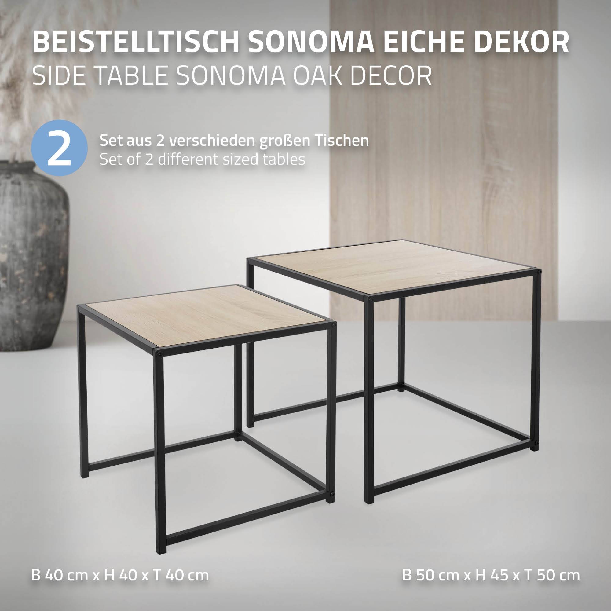 Set 2x Table d'appoint basse 40x40x40/50x50x45cm carré noir imitation chêne châssis métallique empilable décorative tables gigognes de salon canapé - Image 2