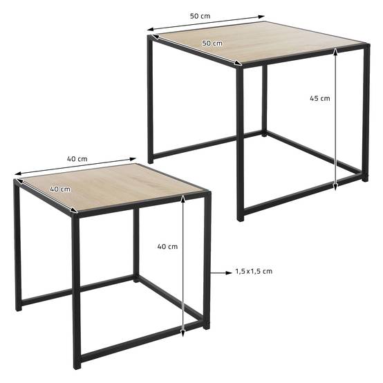 Set 2x Table d'appoint basse 40x40x40/50x50x45cm carré noir imitation chêne châssis métallique empilable décorative tables gigognes de salon canapé - Image 6