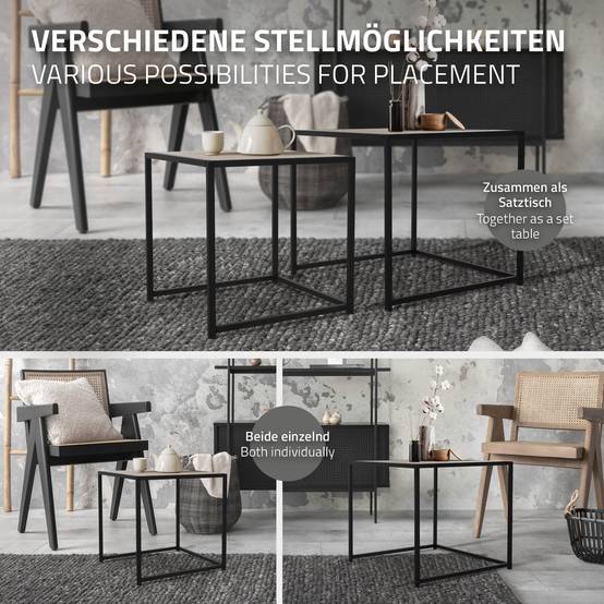 Set 2x Table d'appoint basse 40x40x40/50x50x45cm carré noir imitation chêne châssis métallique empilable décorative tables gigognes de salon canapé - Image 4