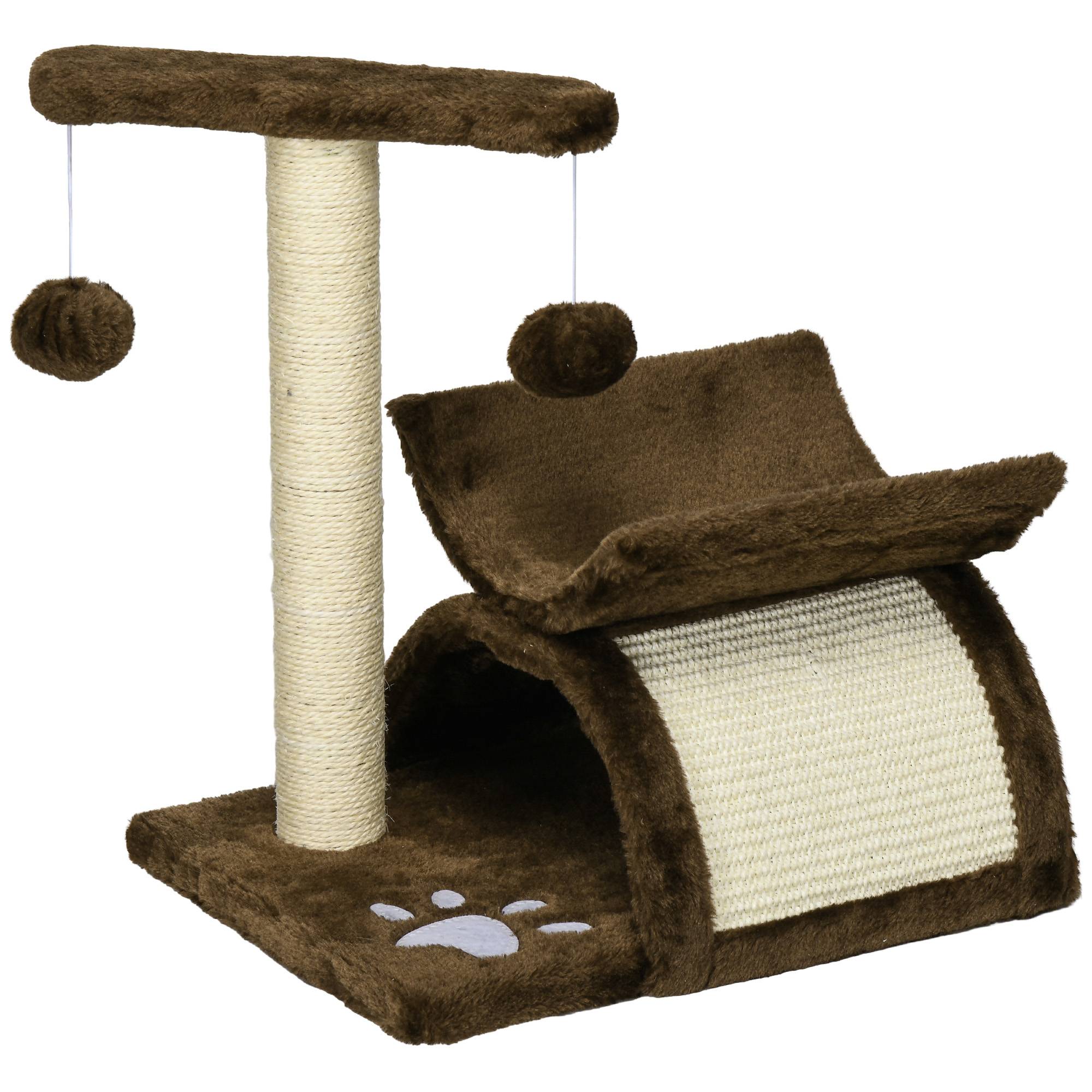 Arbre à Chat 43 cm avec Tunnel, Plateforme en U, Griffoir et Planche à Griffer, Balle Jouet, Mobilier pour Petits Chats, Marron - Image 1
