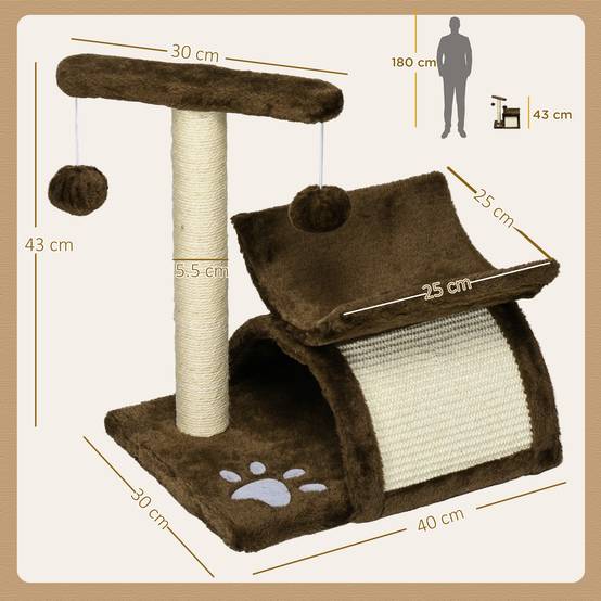 Arbre à Chat 43 cm avec Tunnel, Plateforme en U, Griffoir et Planche à Griffer, Balle Jouet, Mobilier pour Petits Chats, Marron - Image 3