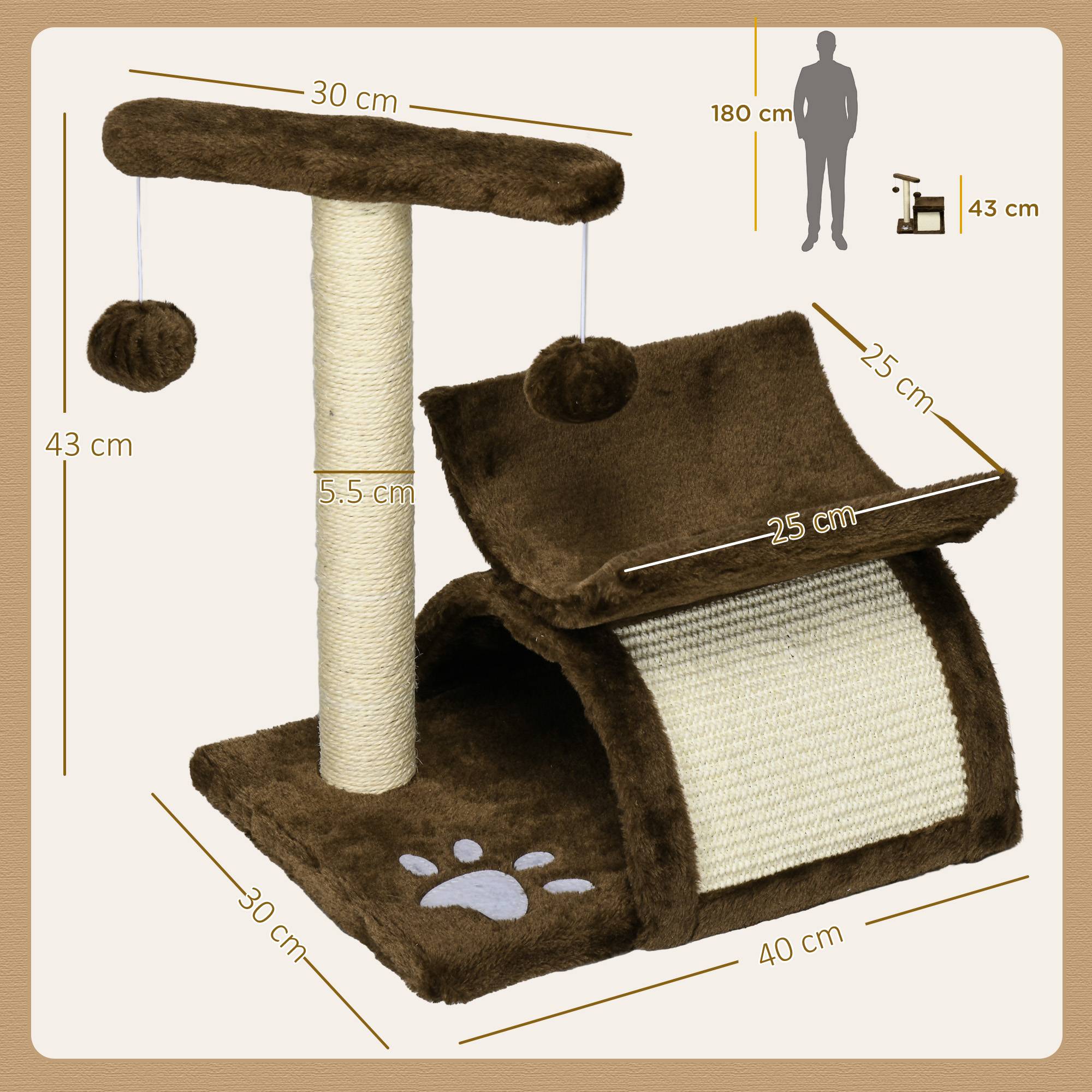 Arbre à Chat 43 cm avec Tunnel, Plateforme en U, Griffoir et Planche à Griffer, Balle Jouet, Mobilier pour Petits Chats, Marron - Image 3