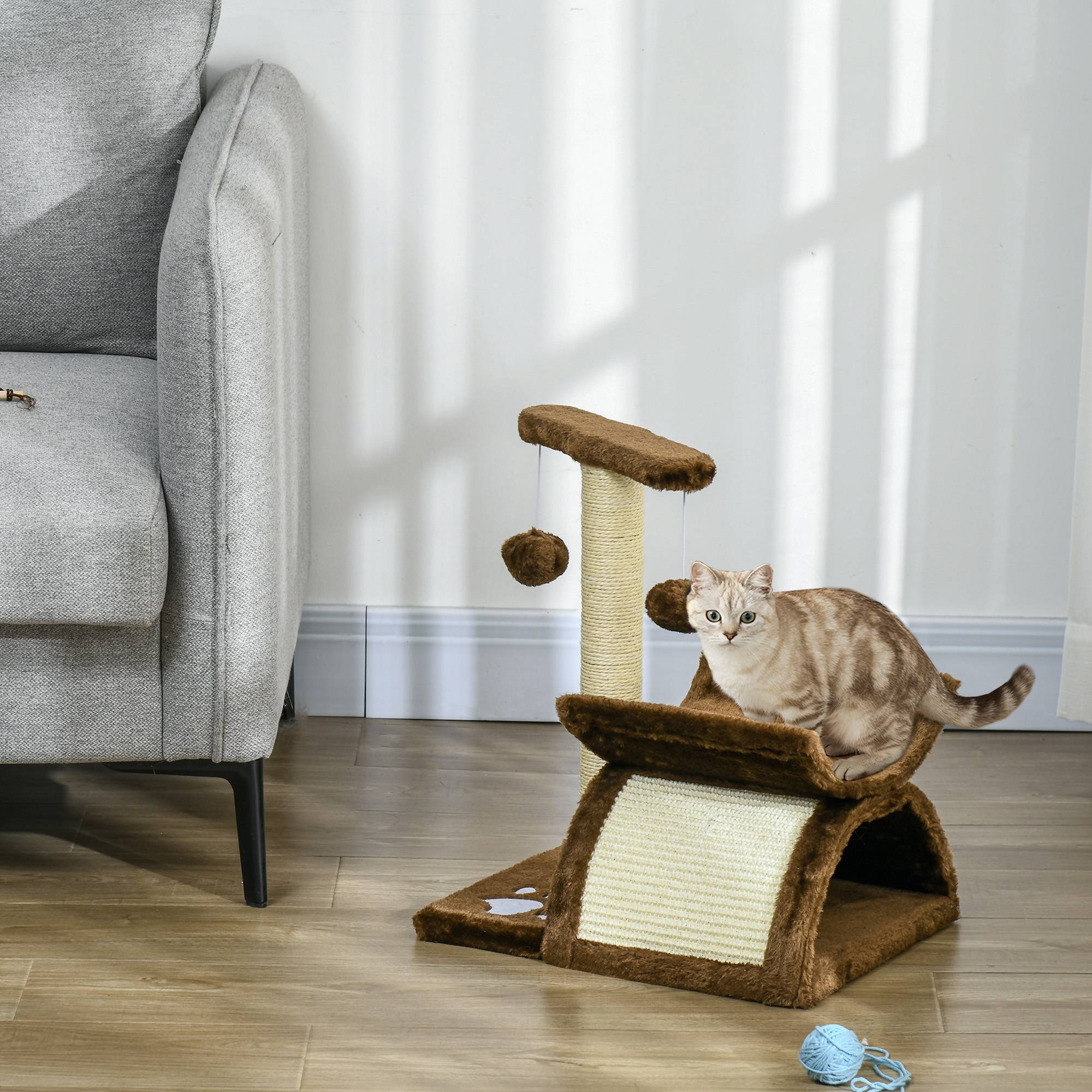 Arbre à Chat 43 cm avec Tunnel, Plateforme en U, Griffoir et Planche à Griffer, Balle Jouet, Mobilier pour Petits Chats, Marron - Image 2