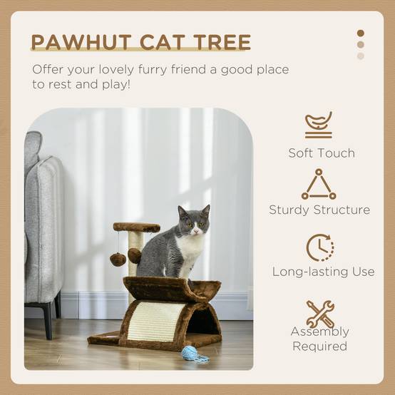 Arbre à Chat 43 cm avec Tunnel, Plateforme en U, Griffoir et Planche à Griffer, Balle Jouet, Mobilier pour Petits Chats, Marron - Image 4