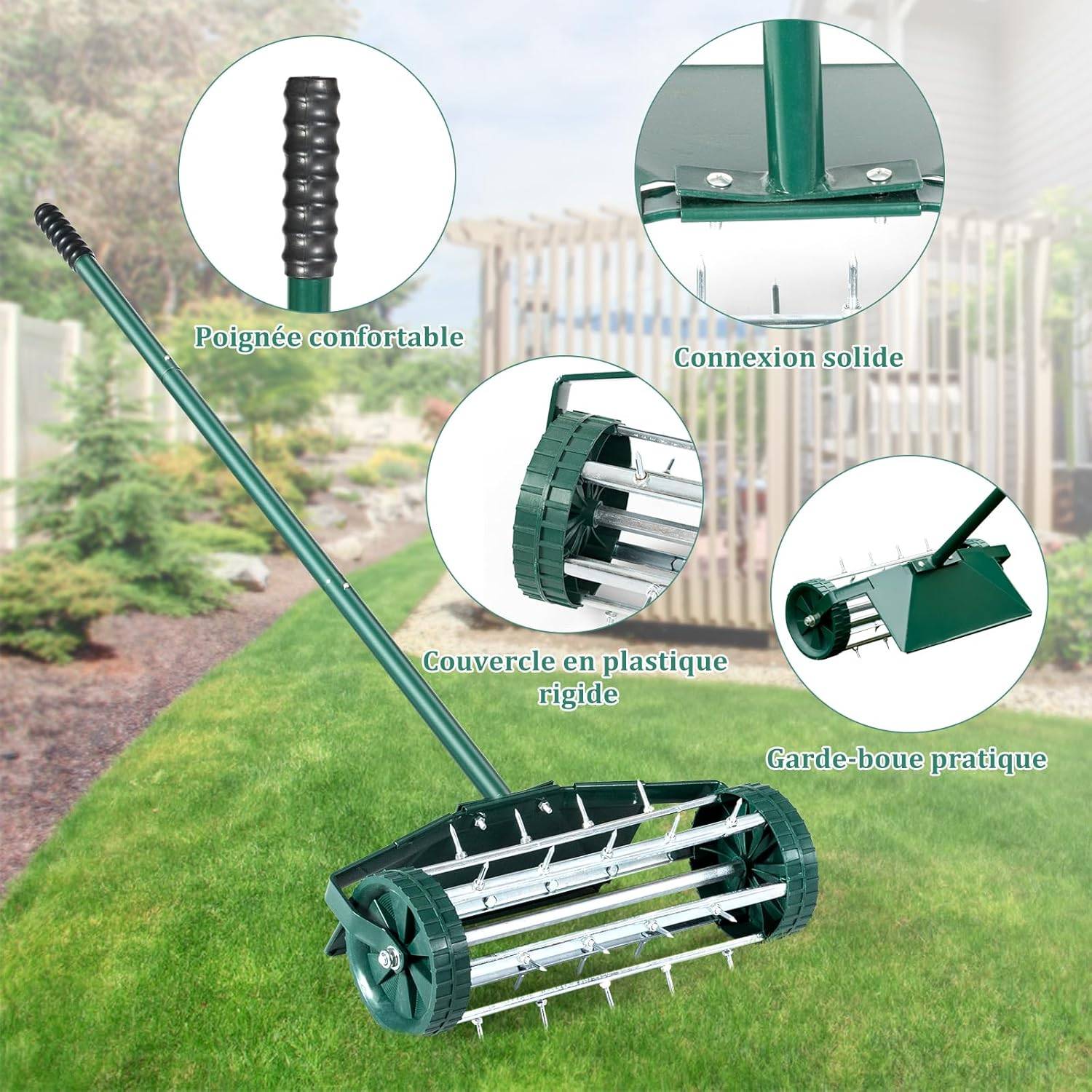 Aérateur à Gazon Roulant de 46 cm, Scarificateur Manuel à Pointes Rotatives 46 x 15 x 127 cm, Vert - Image 2
